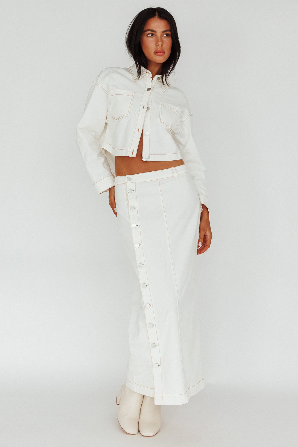 Angelica Side Button-Up Midi Skirt White by Selfie Leslie Australia