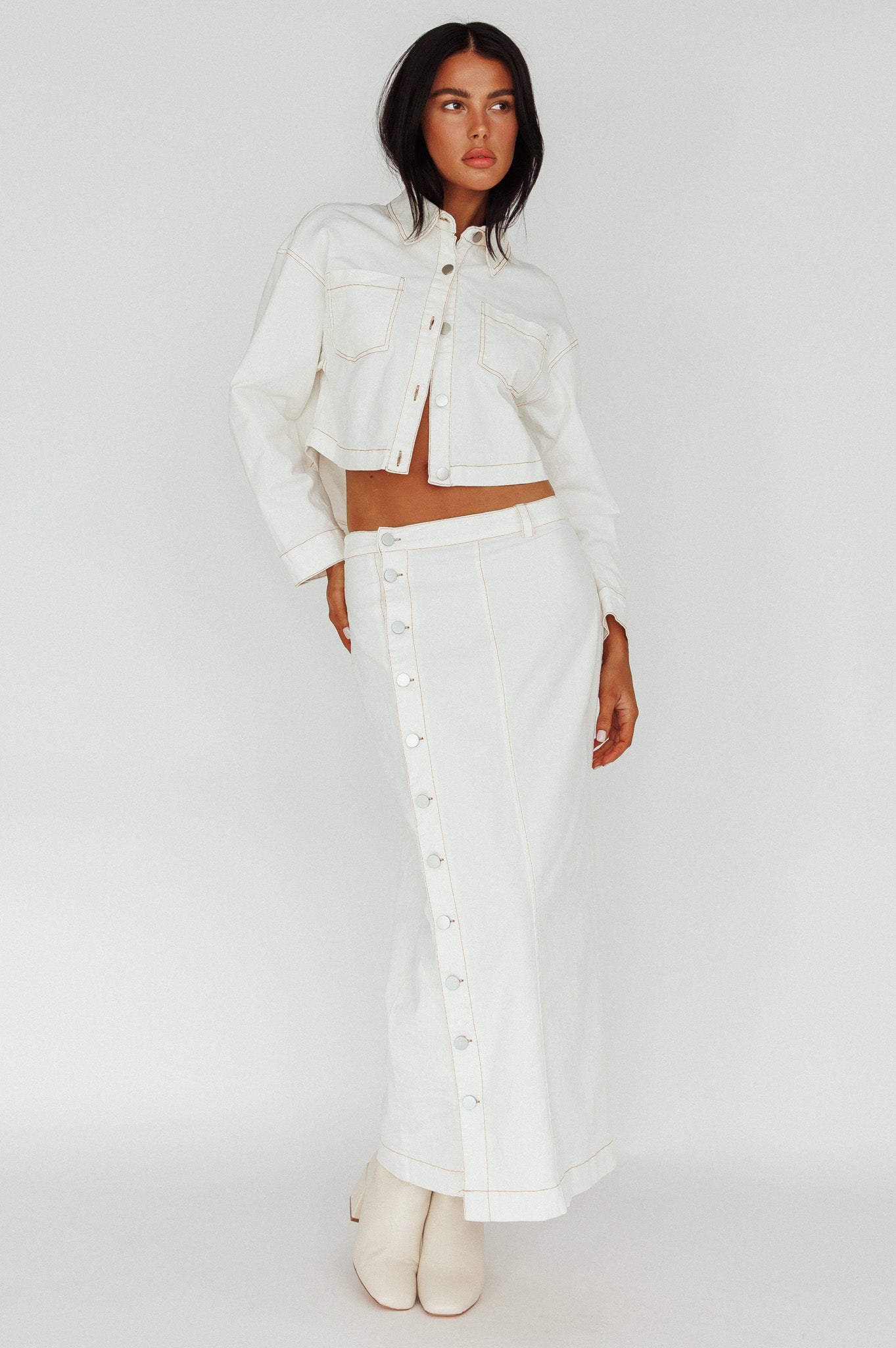 Angelica Side Button-Up Midi Skirt White by Selfie Leslie Australia