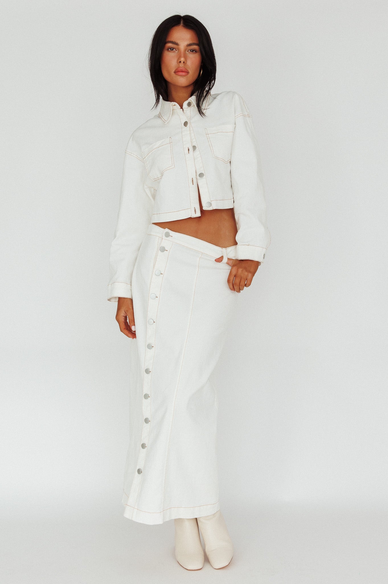 Angelica Side Button-Up Midi Skirt White by Selfie Leslie Australia