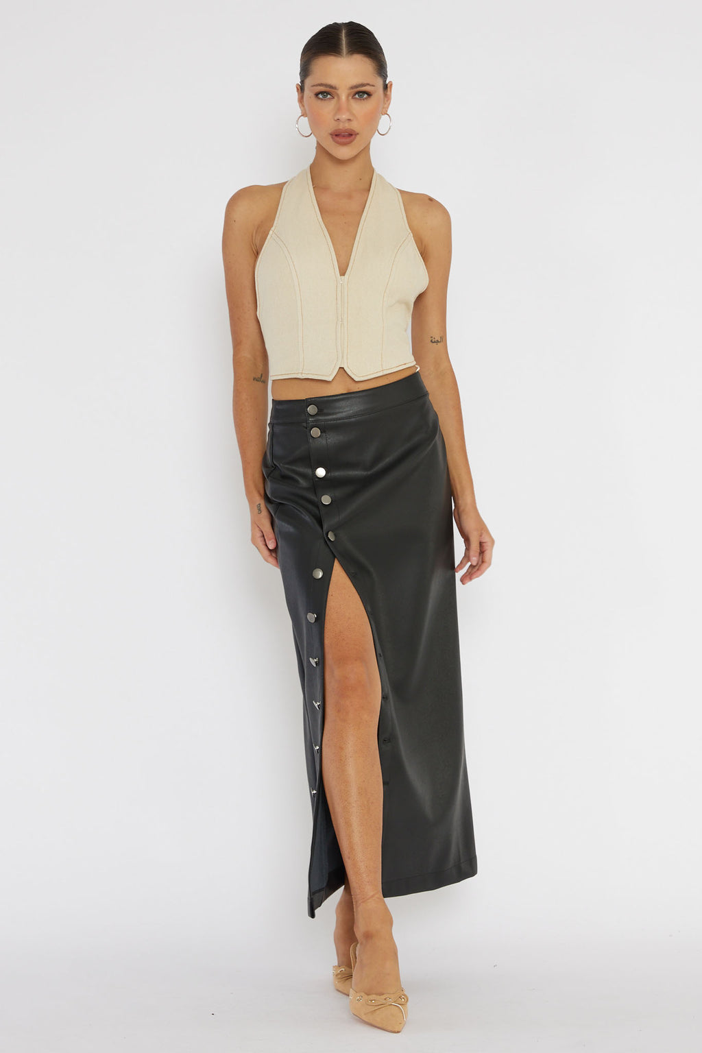 Angelica Button-Up Faux Leather Midi Skirt Black by Selfie Leslie Australia