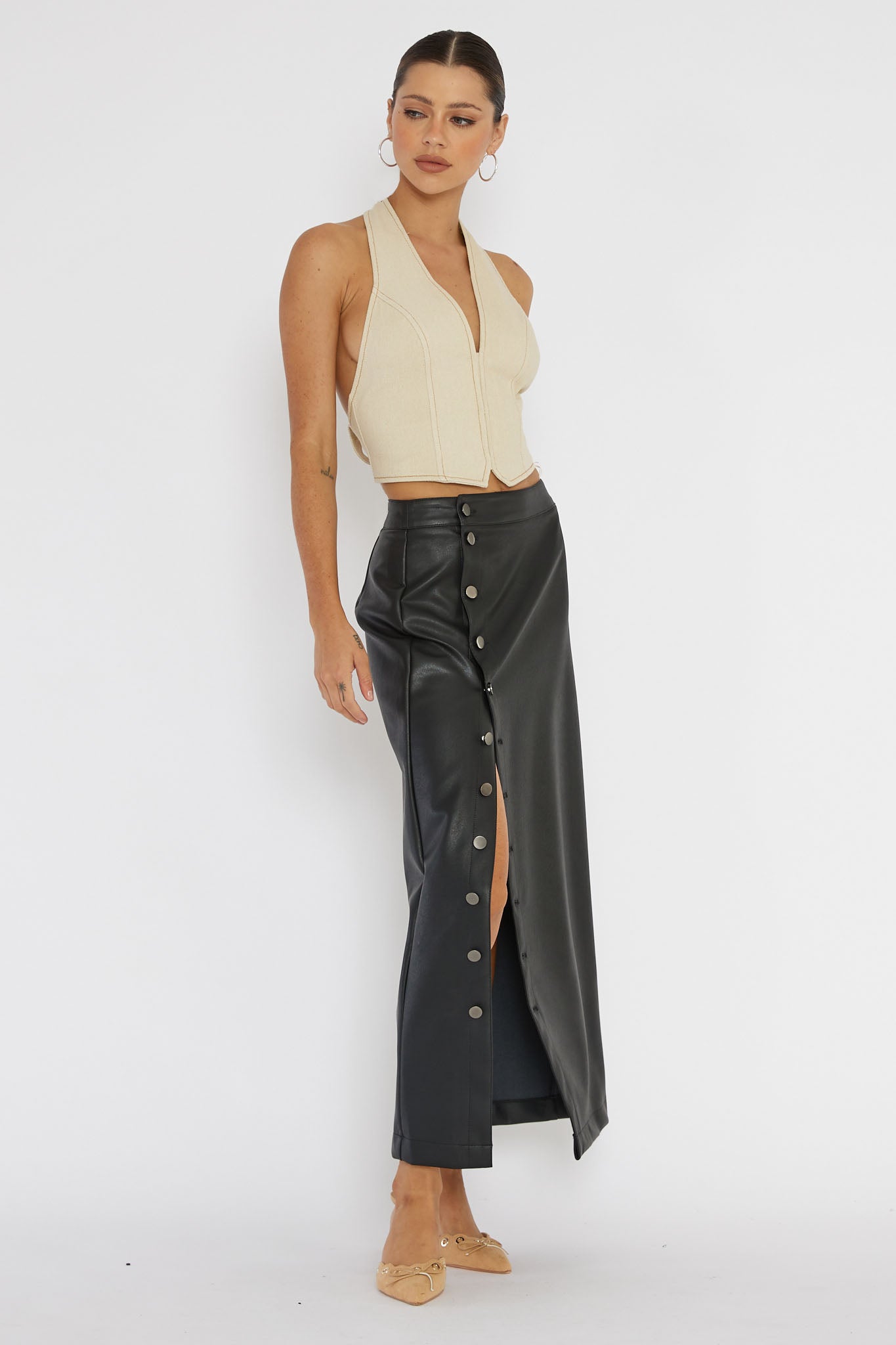 Angelica Button-Up Faux Leather Midi Skirt Black by Selfie Leslie Australia