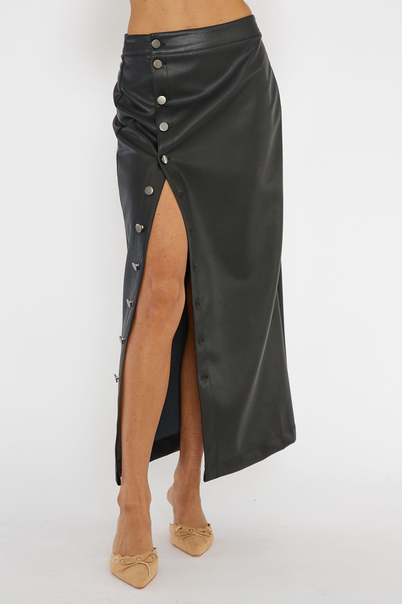 Angelica Button-Up Faux Leather Midi Skirt Black by Selfie Leslie Australia