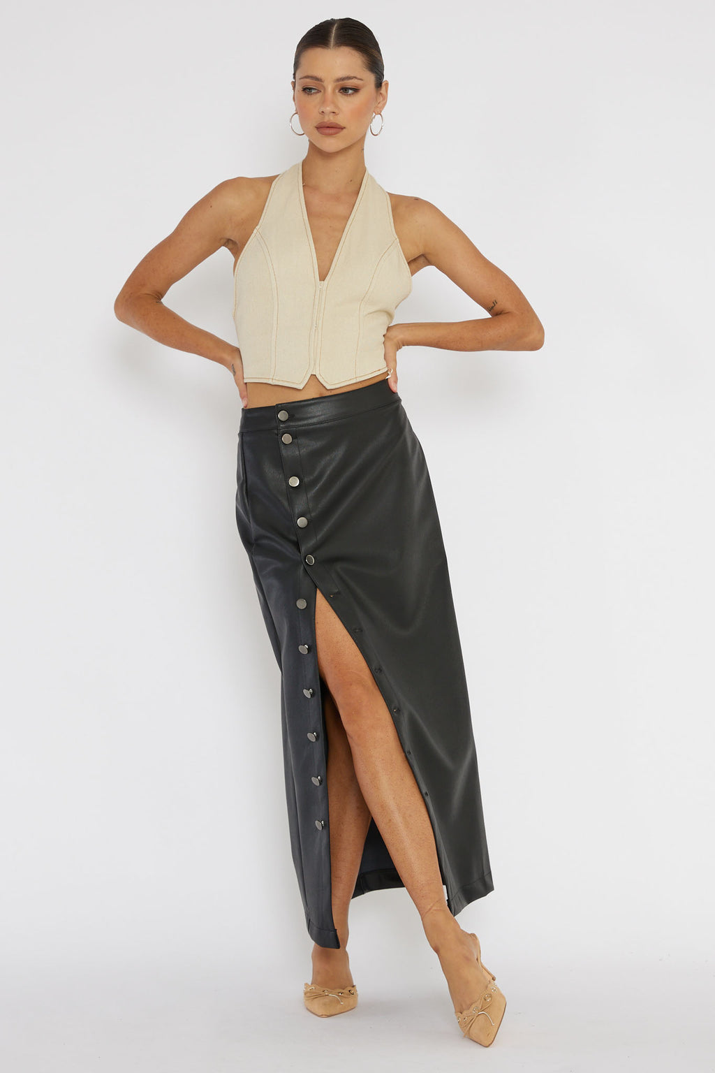 Angelica Button-Up Faux Leather Midi Skirt Black by Selfie Leslie Australia