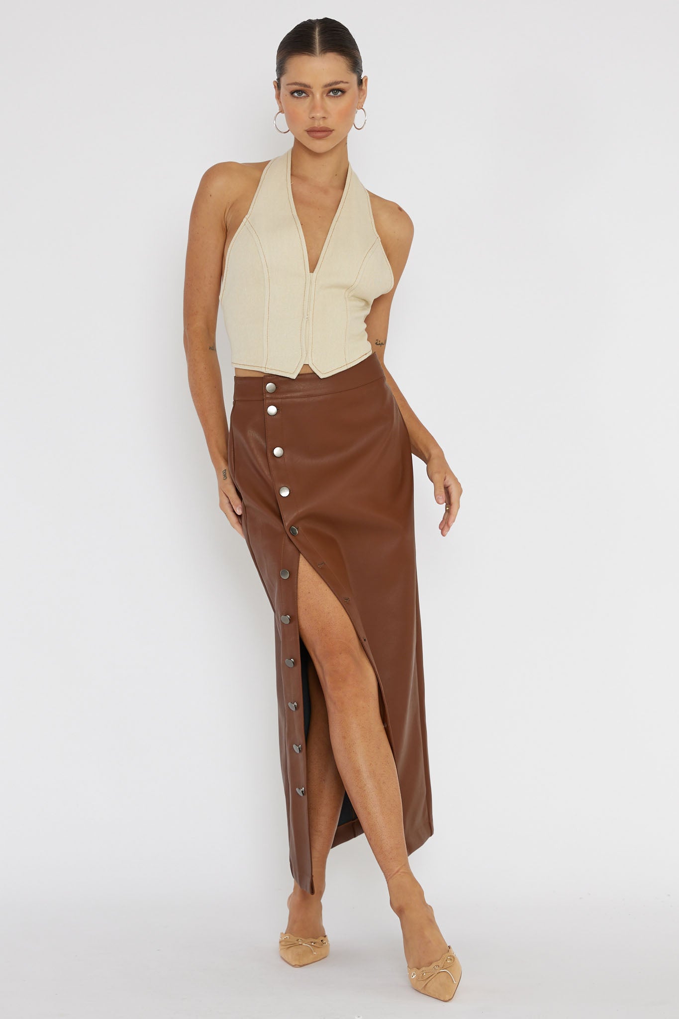 Angelica Button-Up Faux Leather Midi Skirt Brown by Selfie Leslie Australia