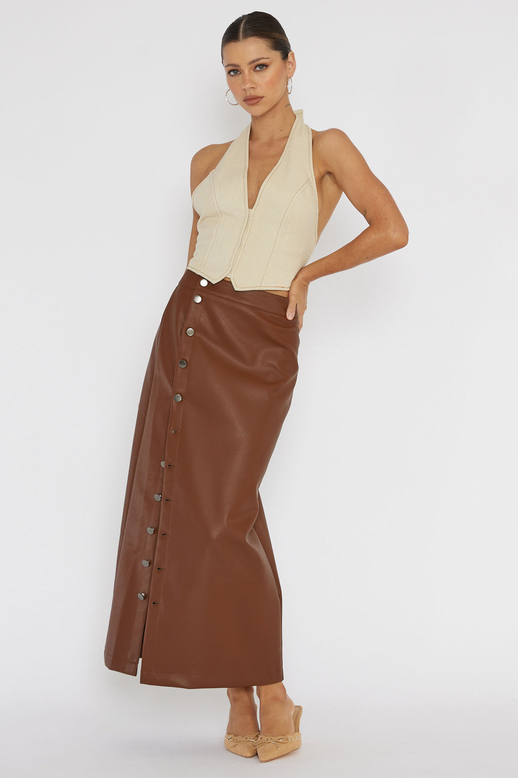 Angelica Button-Up Faux Leather Midi Skirt Brown by Selfie Leslie Australia