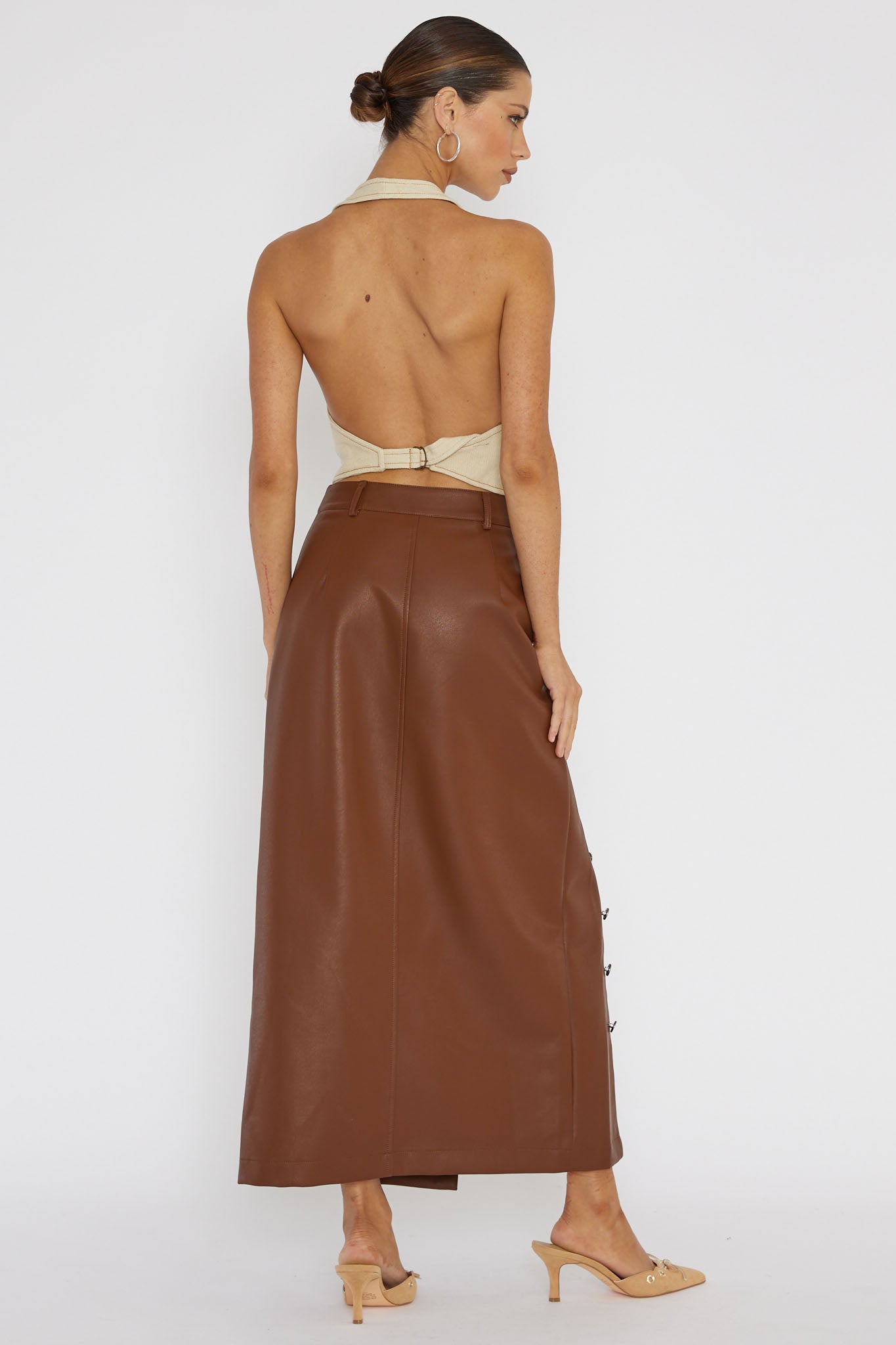 Angelica Button-Up Faux Leather Midi Skirt Brown by Selfie Leslie Australia