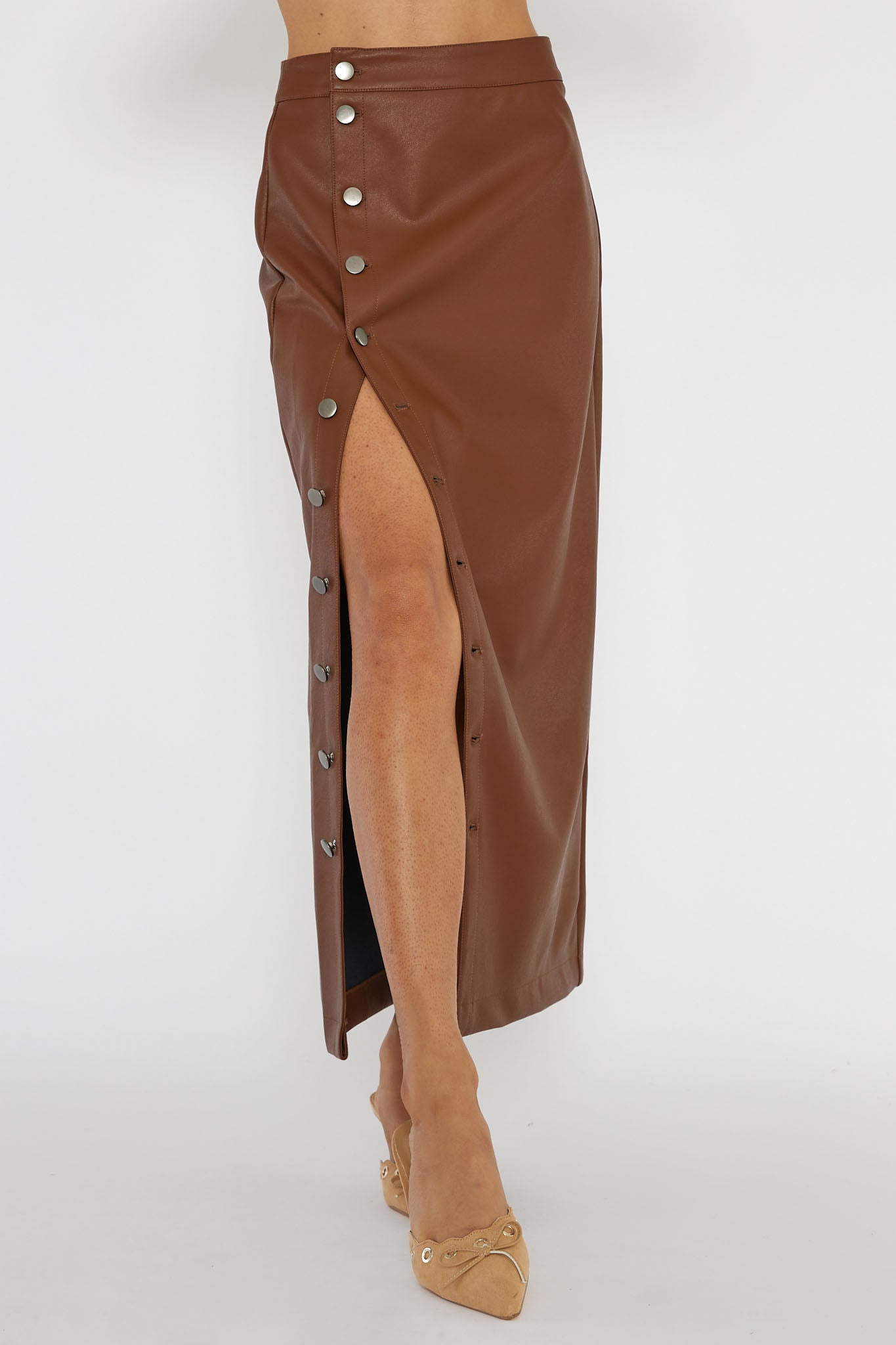 Angelica Button-Up Faux Leather Midi Skirt Brown by Selfie Leslie Australia