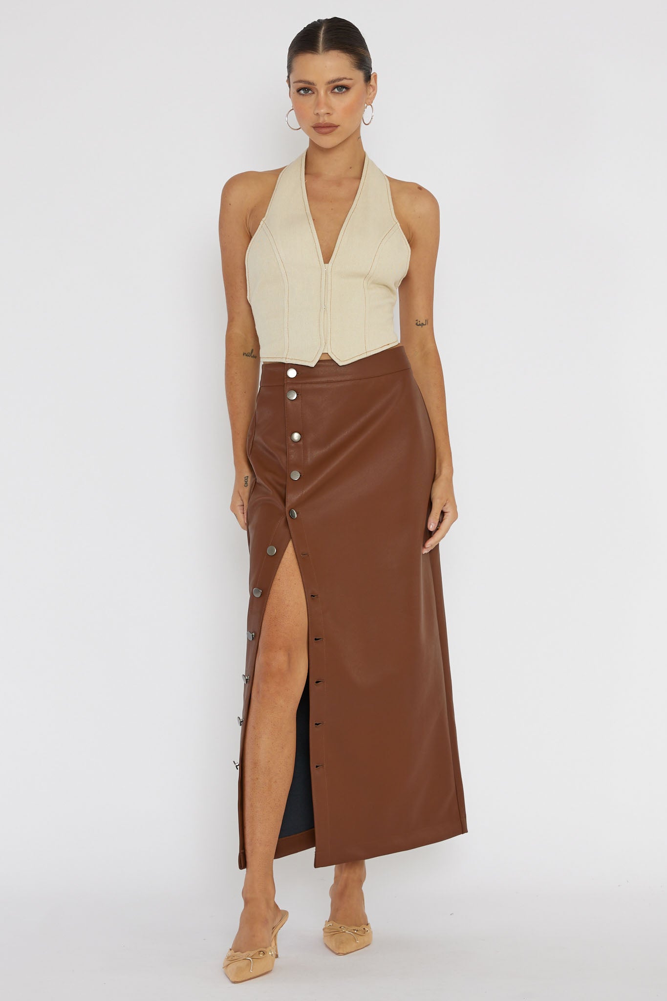 Angelica Button-Up Faux Leather Midi Skirt Brown by Selfie Leslie Australia
