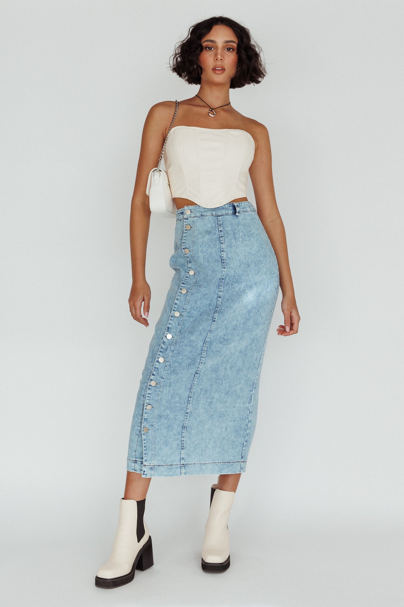 Angelica Side Button-Up Midi Skirt Denim by Selfie Leslie Australia