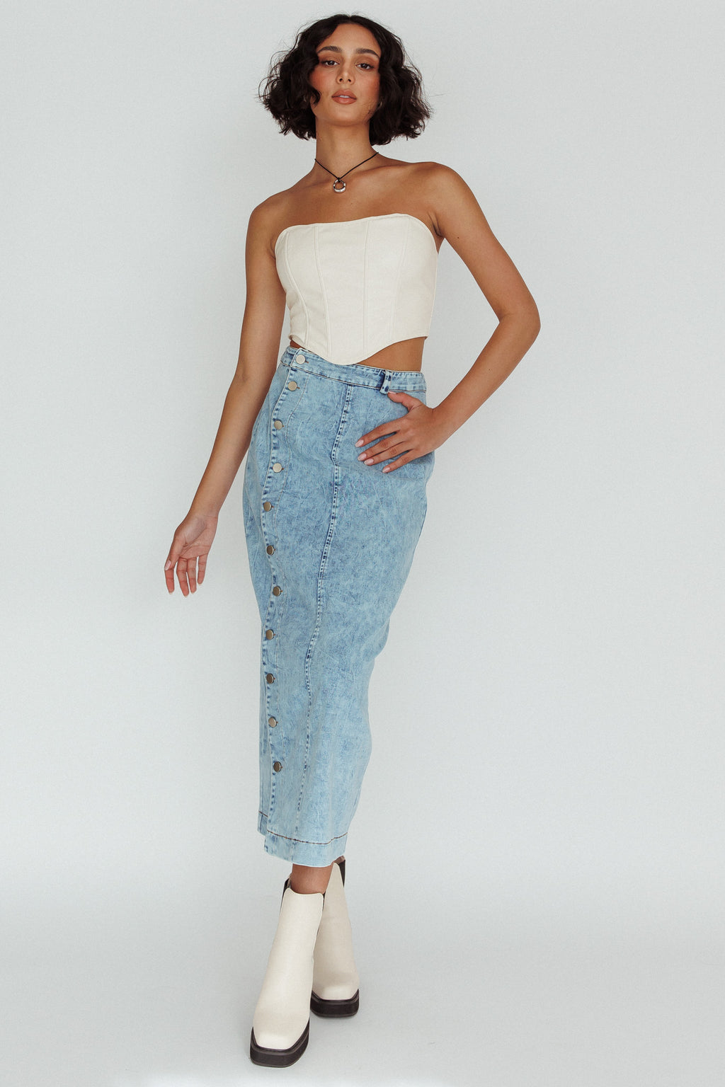 Angelica Side Button-Up Midi Skirt Denim by Selfie Leslie Australia