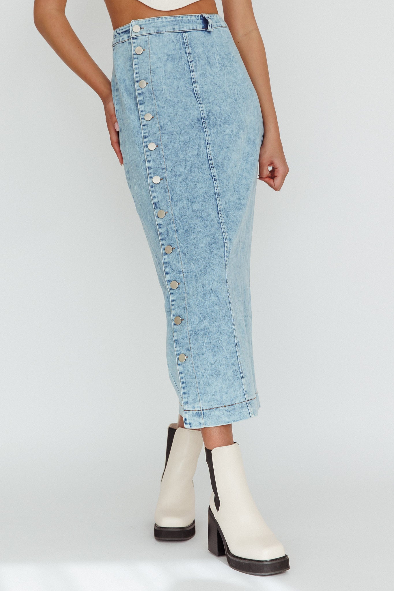 Angelica Side Button-Up Midi Skirt Denim by Selfie Leslie Australia
