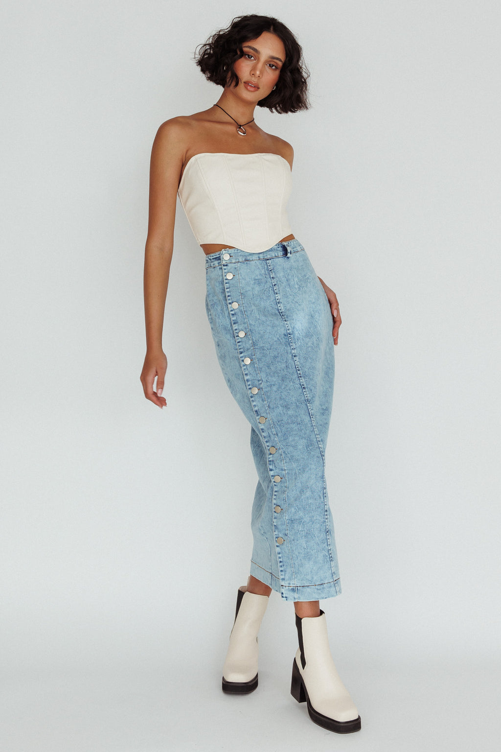 Angelica Side Button-Up Midi Skirt Denim by Selfie Leslie Australia
