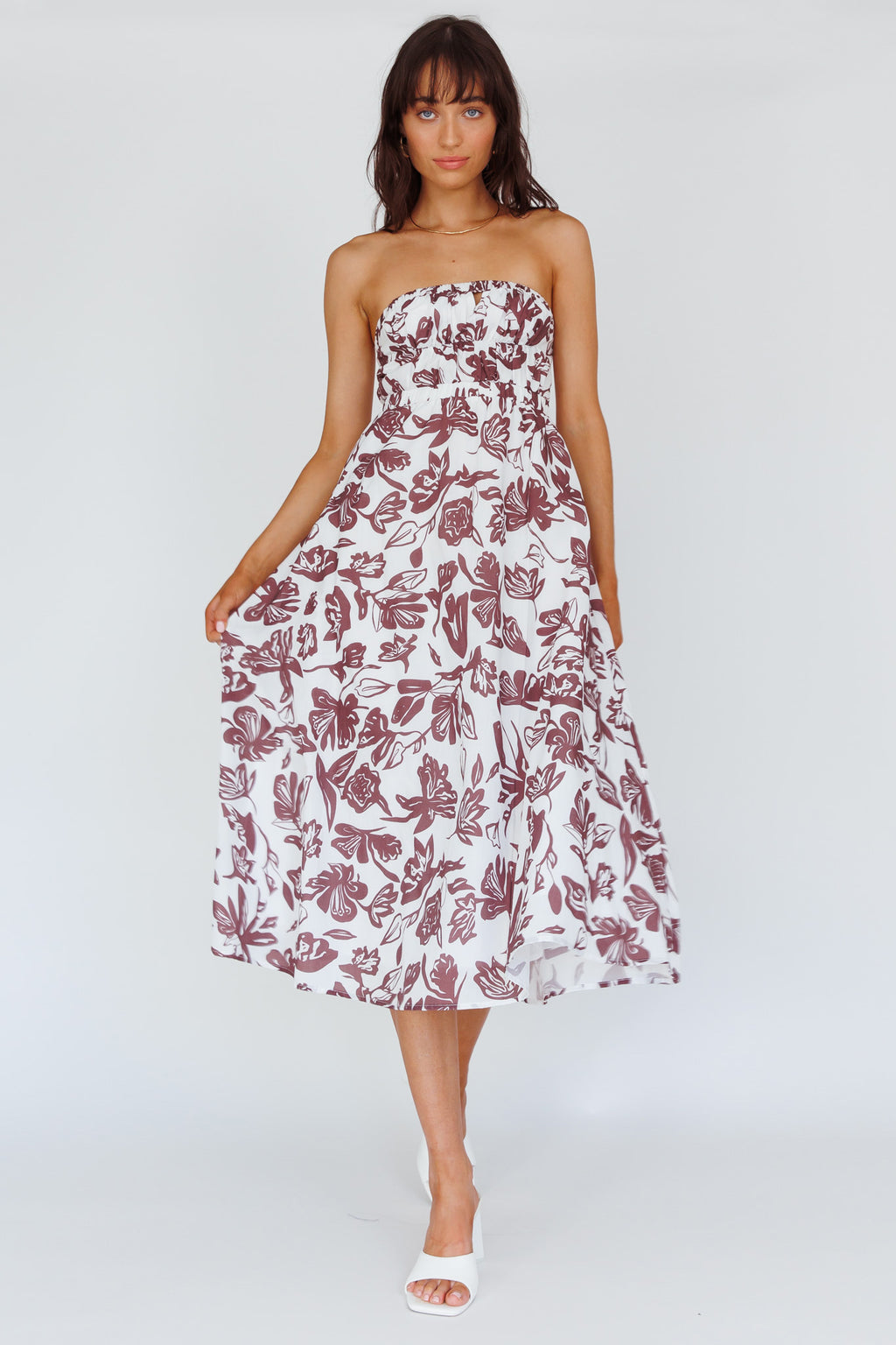 Caloundra Strapless Midi Dress Floral Walnut by Selfie Leslie Australia