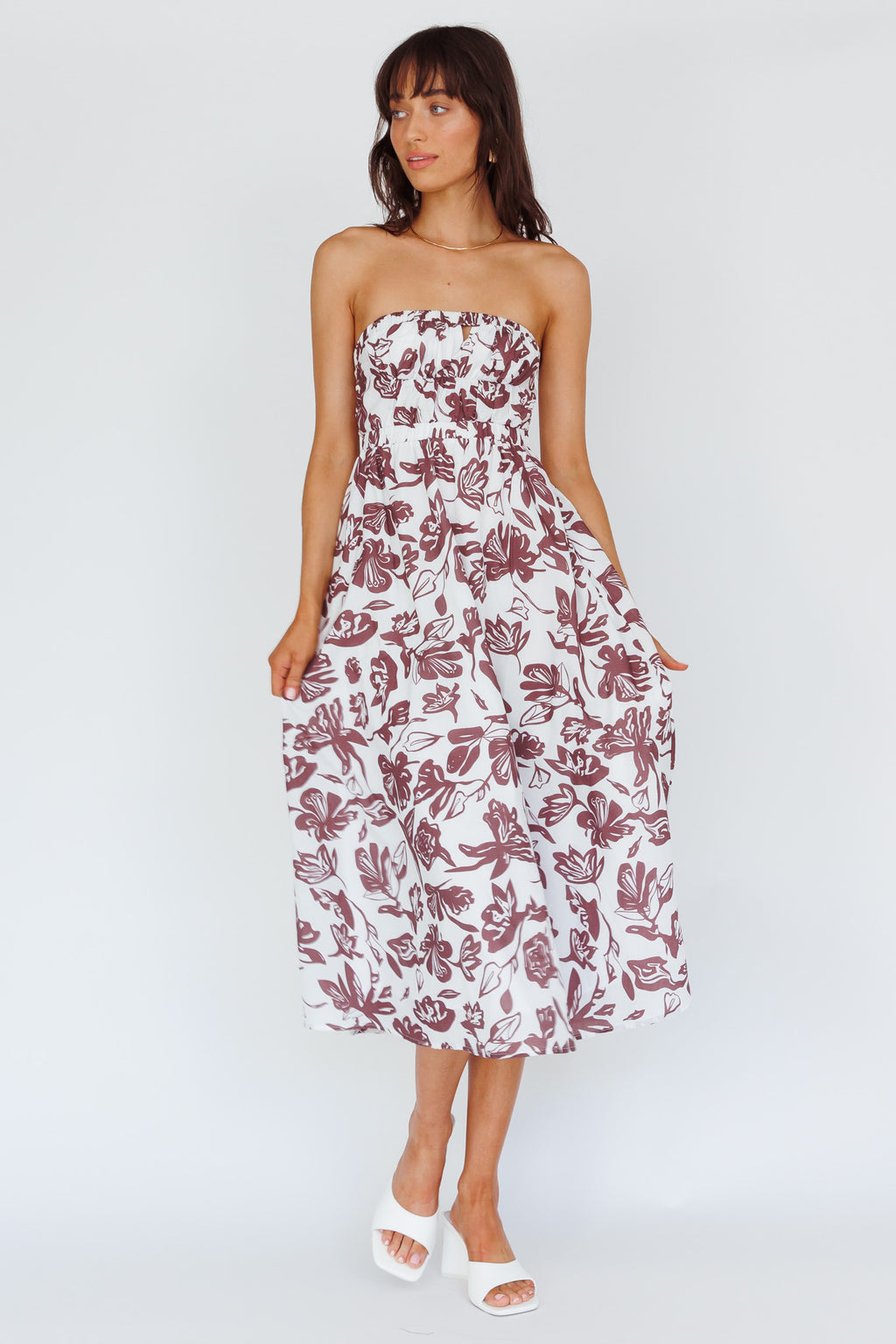 Caloundra Strapless Midi Dress Floral Walnut by Selfie Leslie Australia