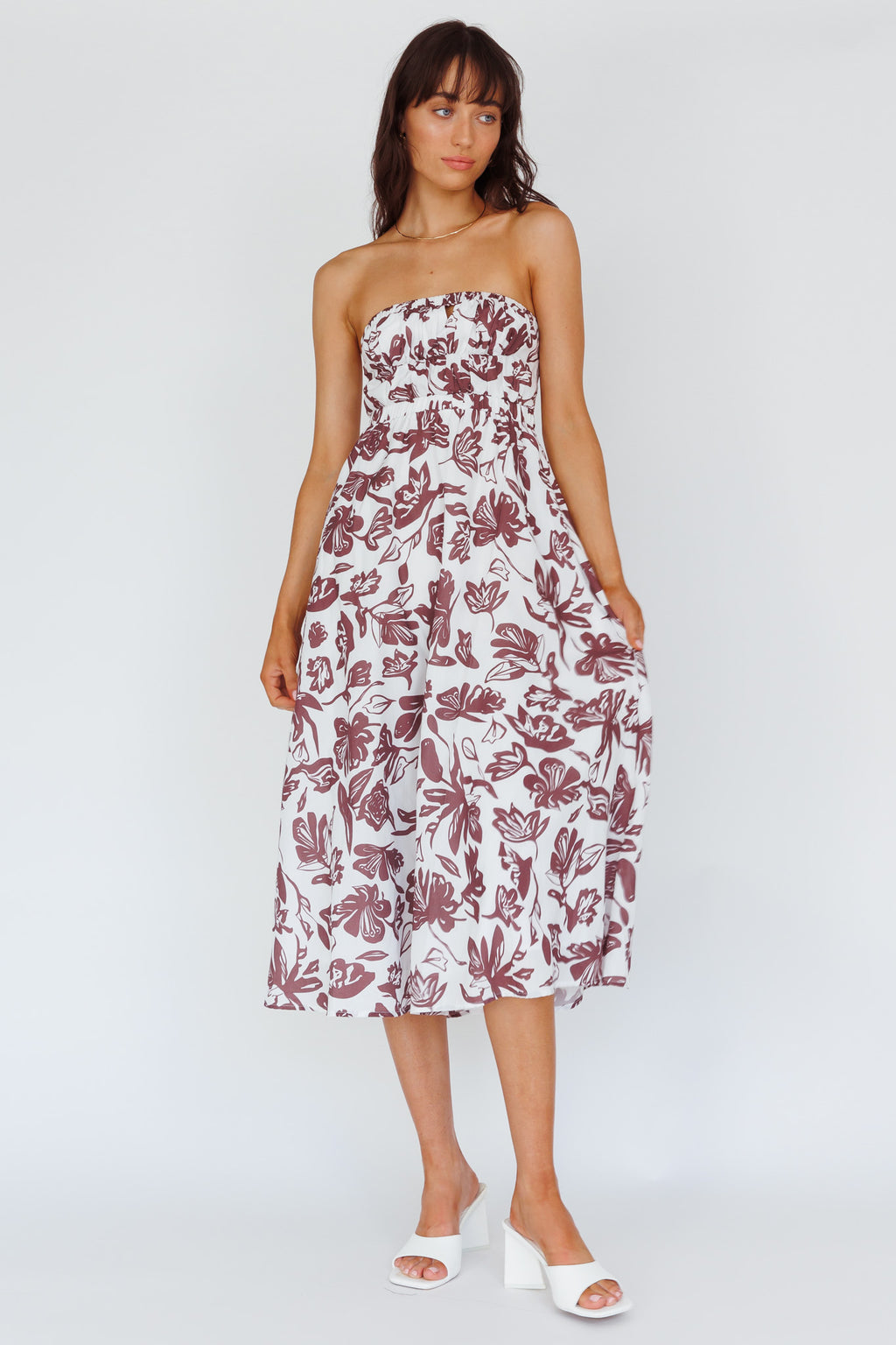 Caloundra Strapless Midi Dress Floral Walnut by Selfie Leslie Australia
