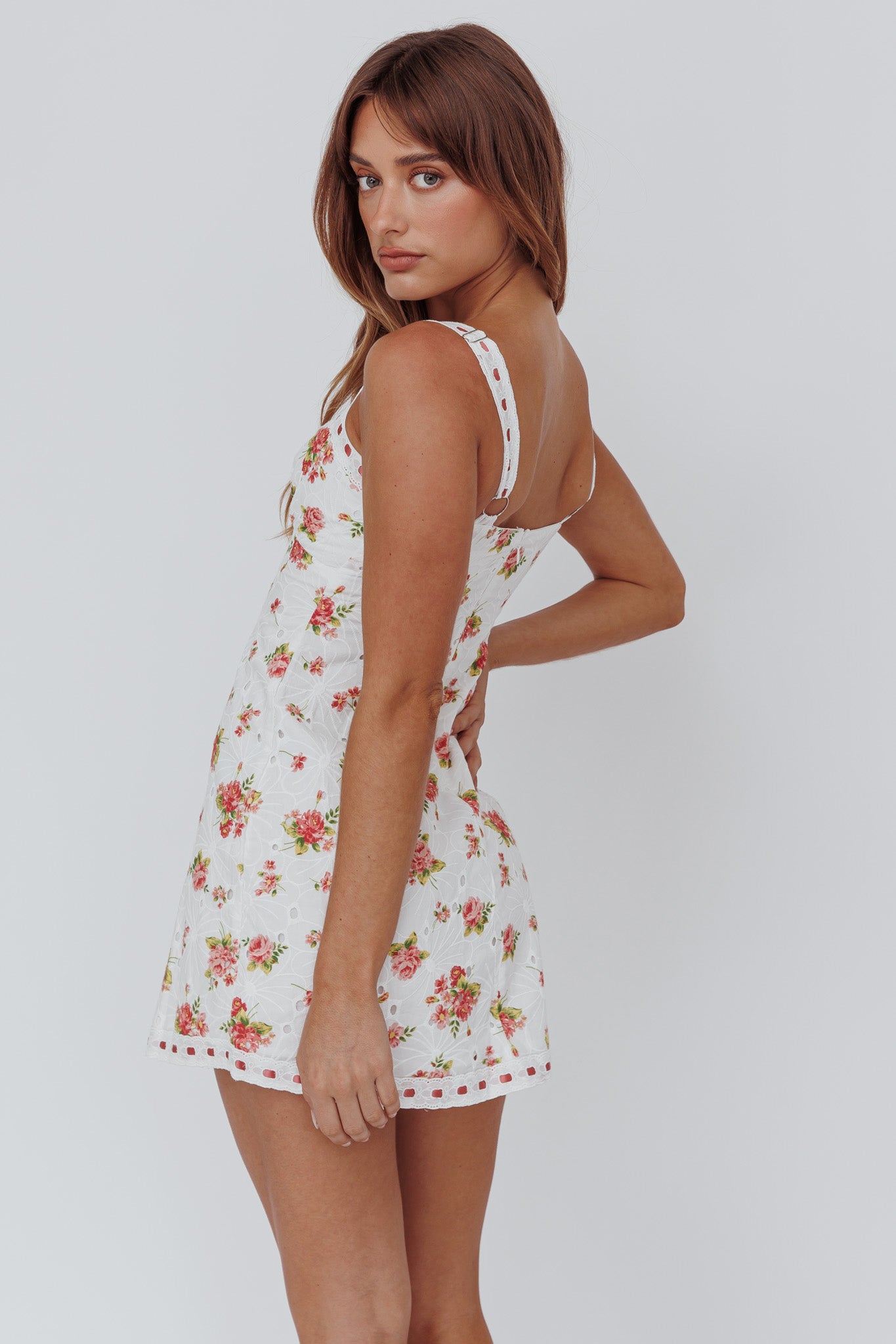 Sunbeam Eyelet Embroidery Mini Dress Floral Pink by Selfie Leslie Australia