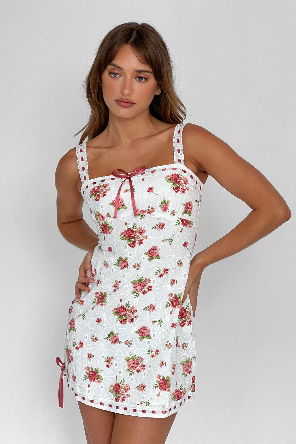 Sunbeam Eyelet Embroidery Mini Dress Floral Pink by Selfie Leslie Australia
