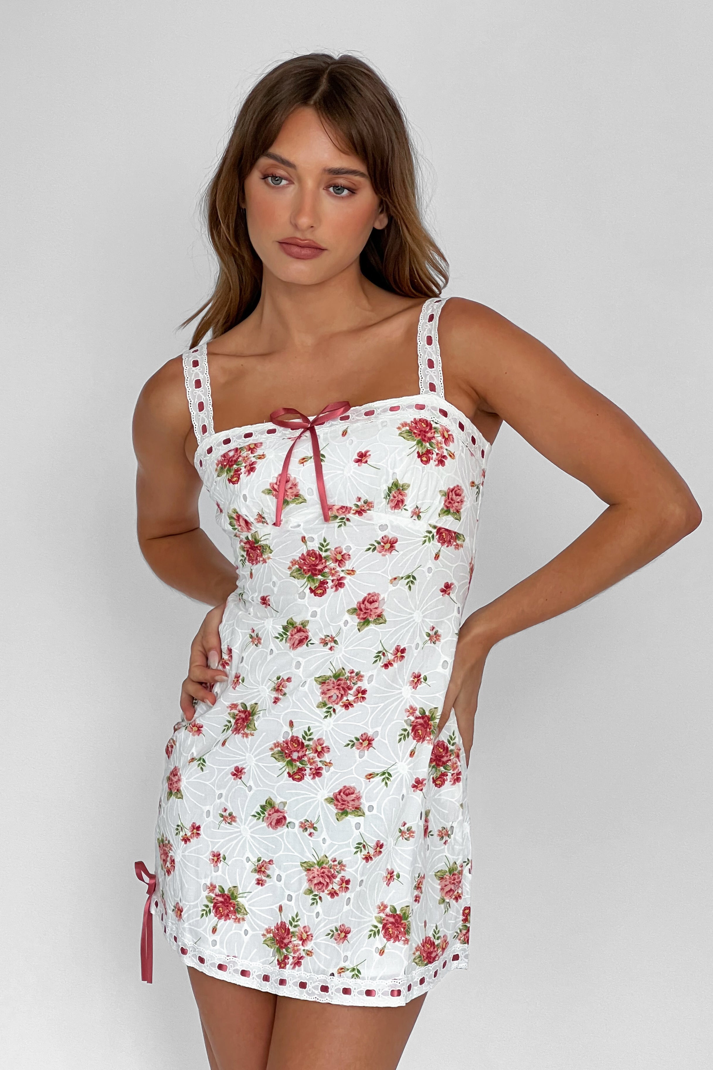 Sunbeam Eyelet Embroidery Mini Dress Floral Pink by Selfie Leslie Australia