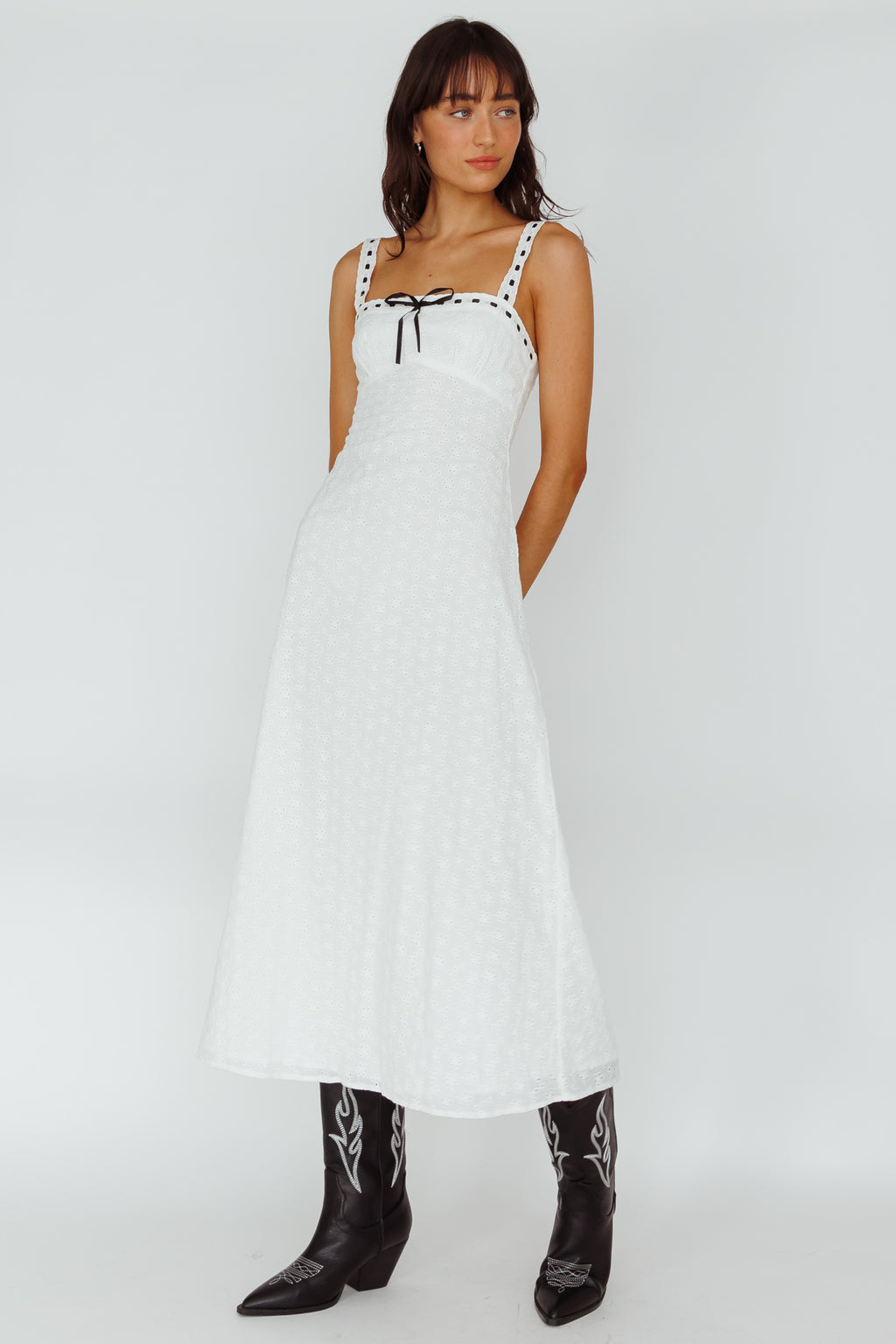 Sunbeam Eyelet Embroidery Midi Dress White by Selfie Leslie Australia