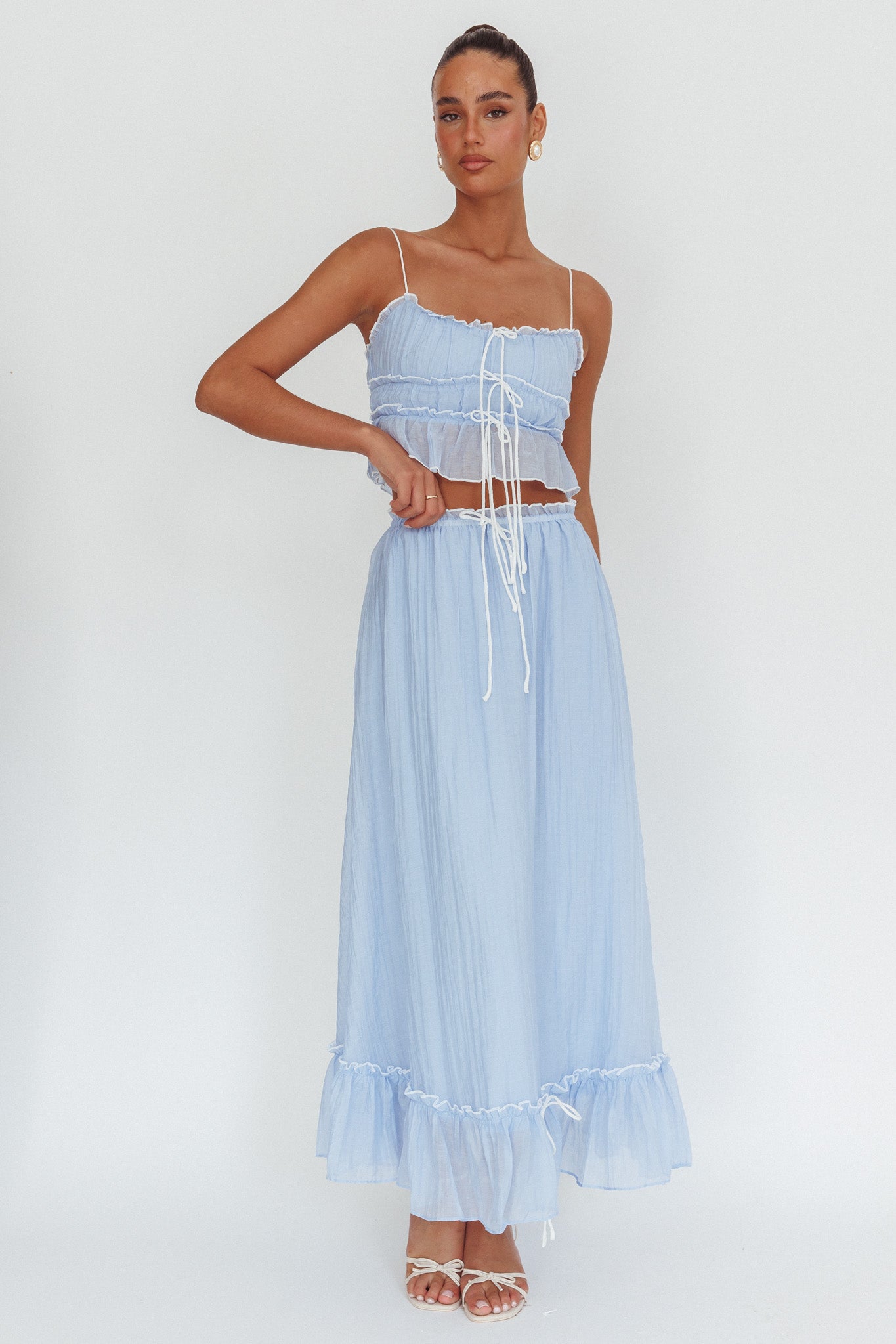 Maidens Tie Detail Overlock Maxi Skirt Cloud Blue by Selfie Leslie Australia