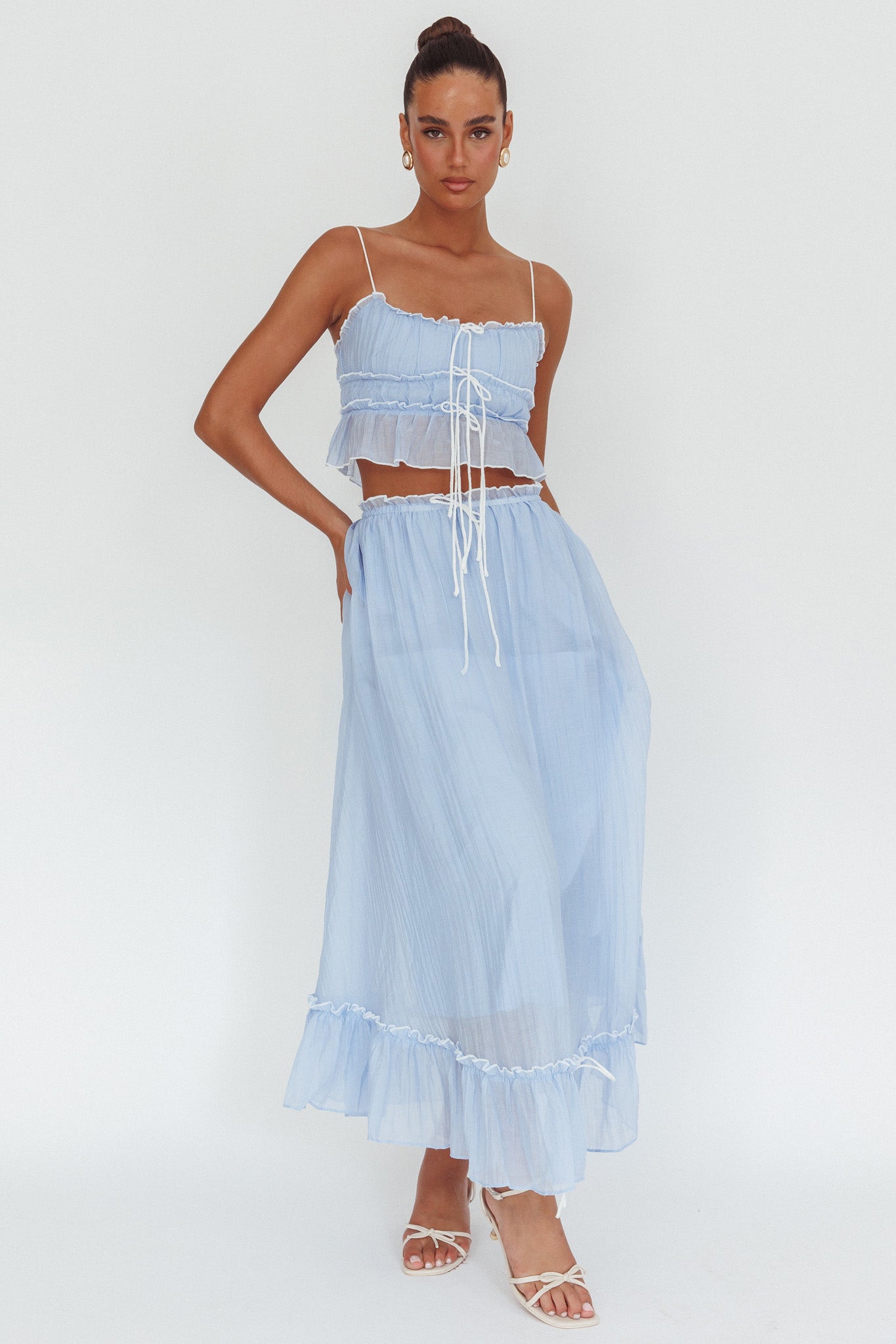 Maidens Tie Detail Overlock Maxi Skirt Cloud Blue by Selfie Leslie Australia