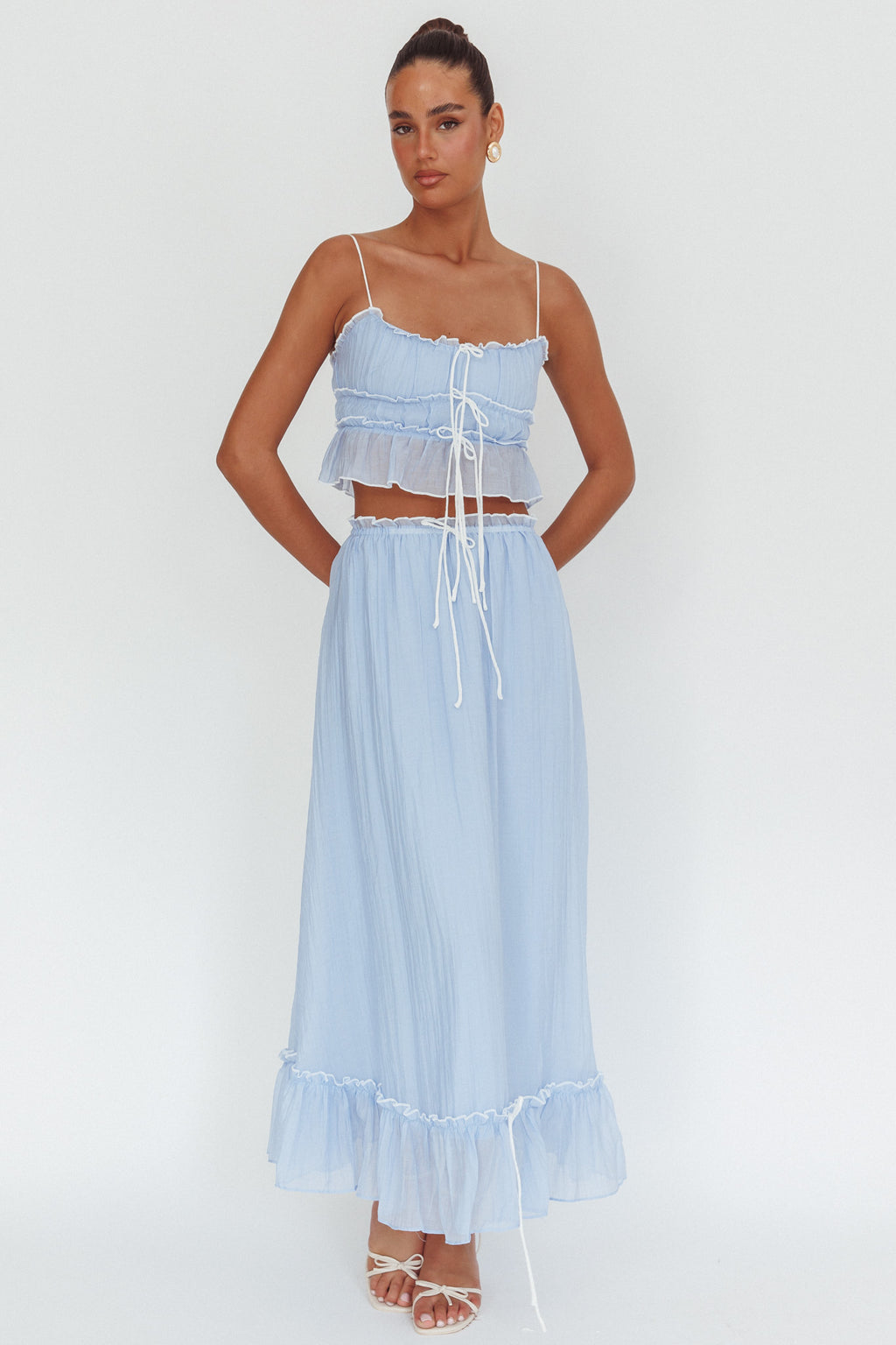 Maidens Tie Detail Overlock Maxi Skirt Cloud Blue by Selfie Leslie Australia