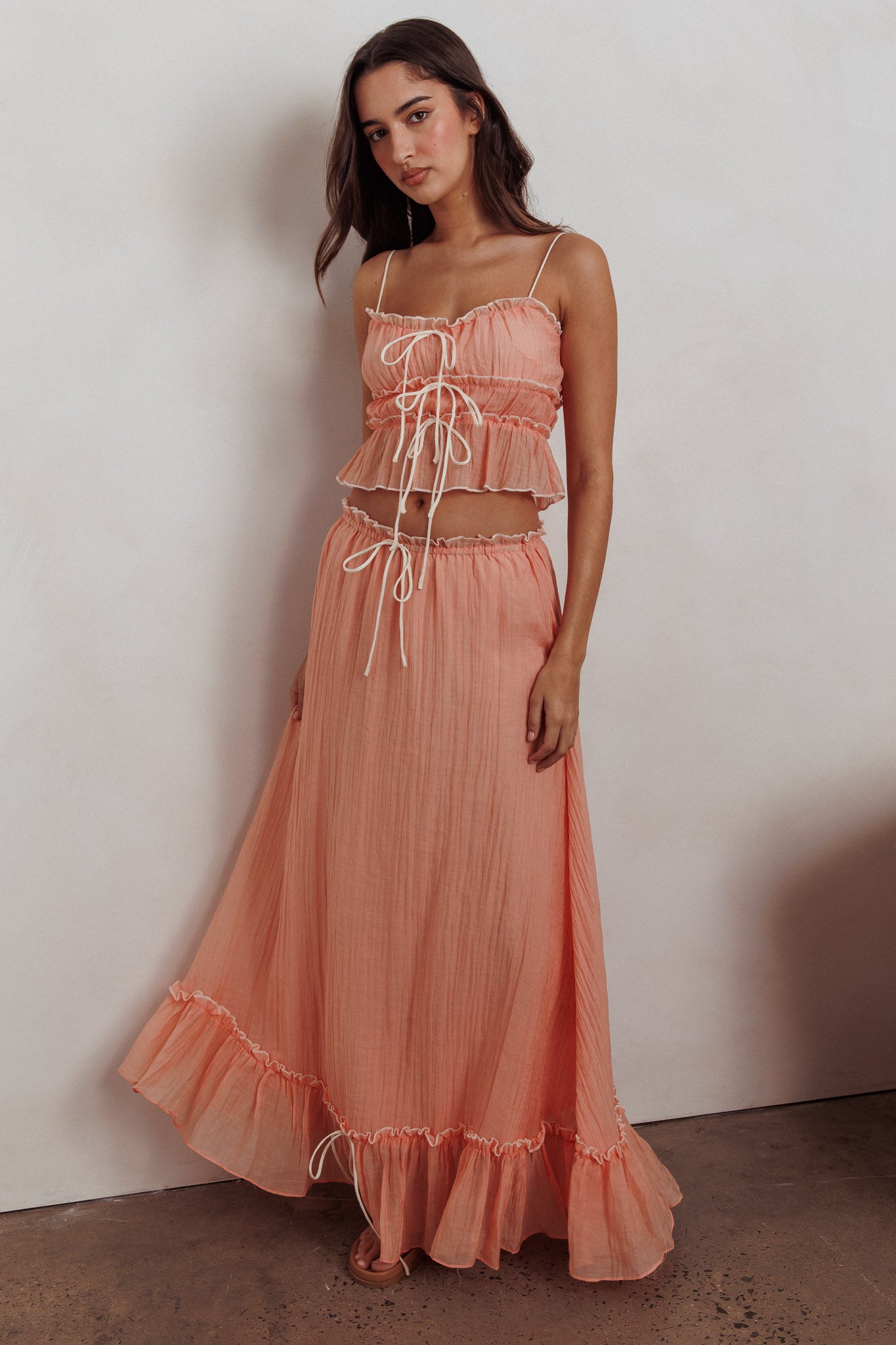 Maidens Tie Detail Overlock Maxi Skirt Apricot by Selfie Leslie Australia