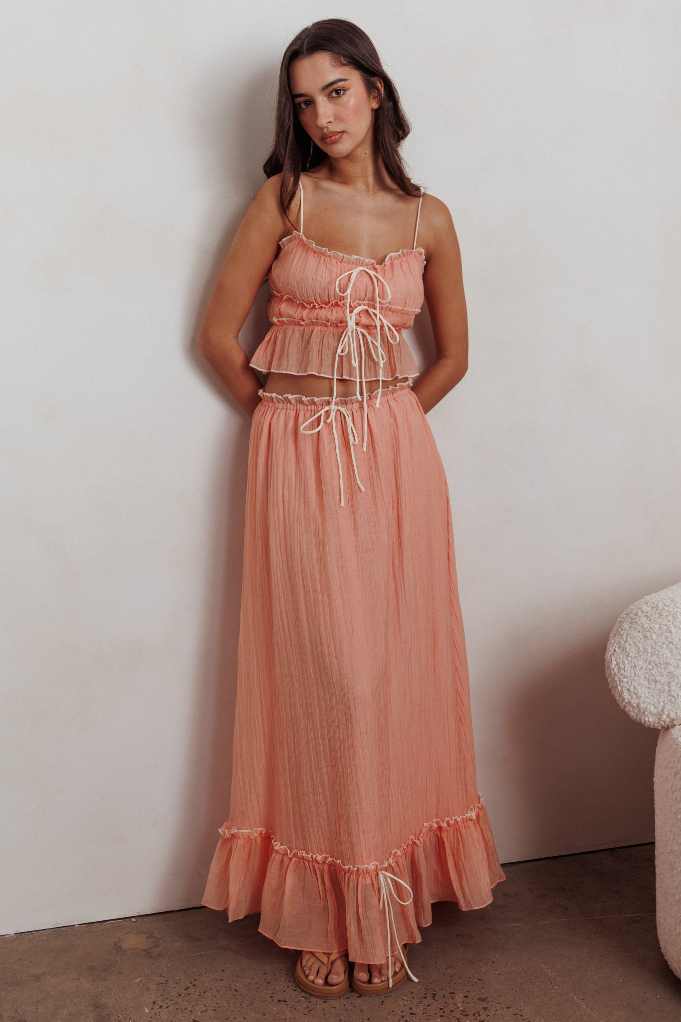 Maidens Tie Detail Overlock Maxi Skirt Apricot by Selfie Leslie Australia