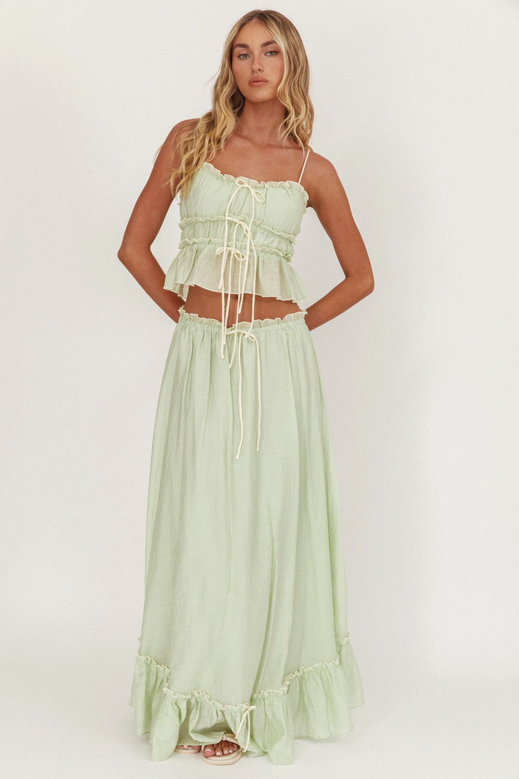 Maidens Tie Detail Overlock Maxi Skirt Sage by Selfie Leslie Australia