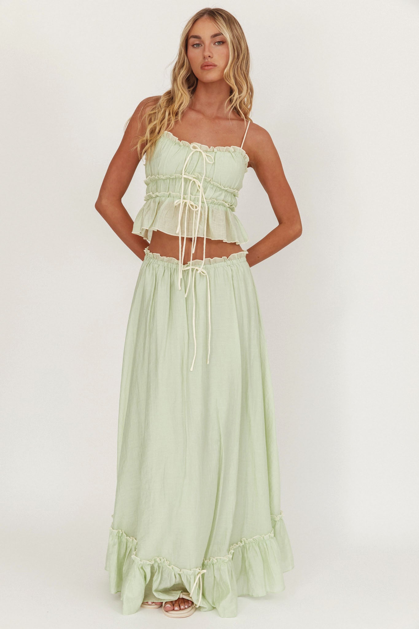 Maidens Tie Detail Overlock Maxi Skirt Sage by Selfie Leslie Australia