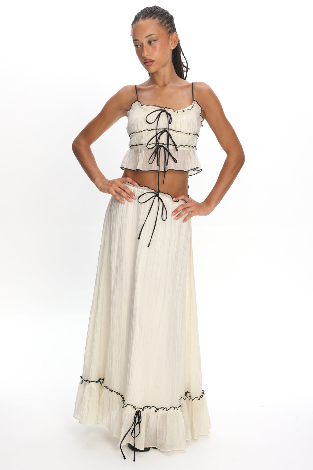 Maidens Tie Detail Overlock Maxi Skirt Cream by Selfie Leslie Australia