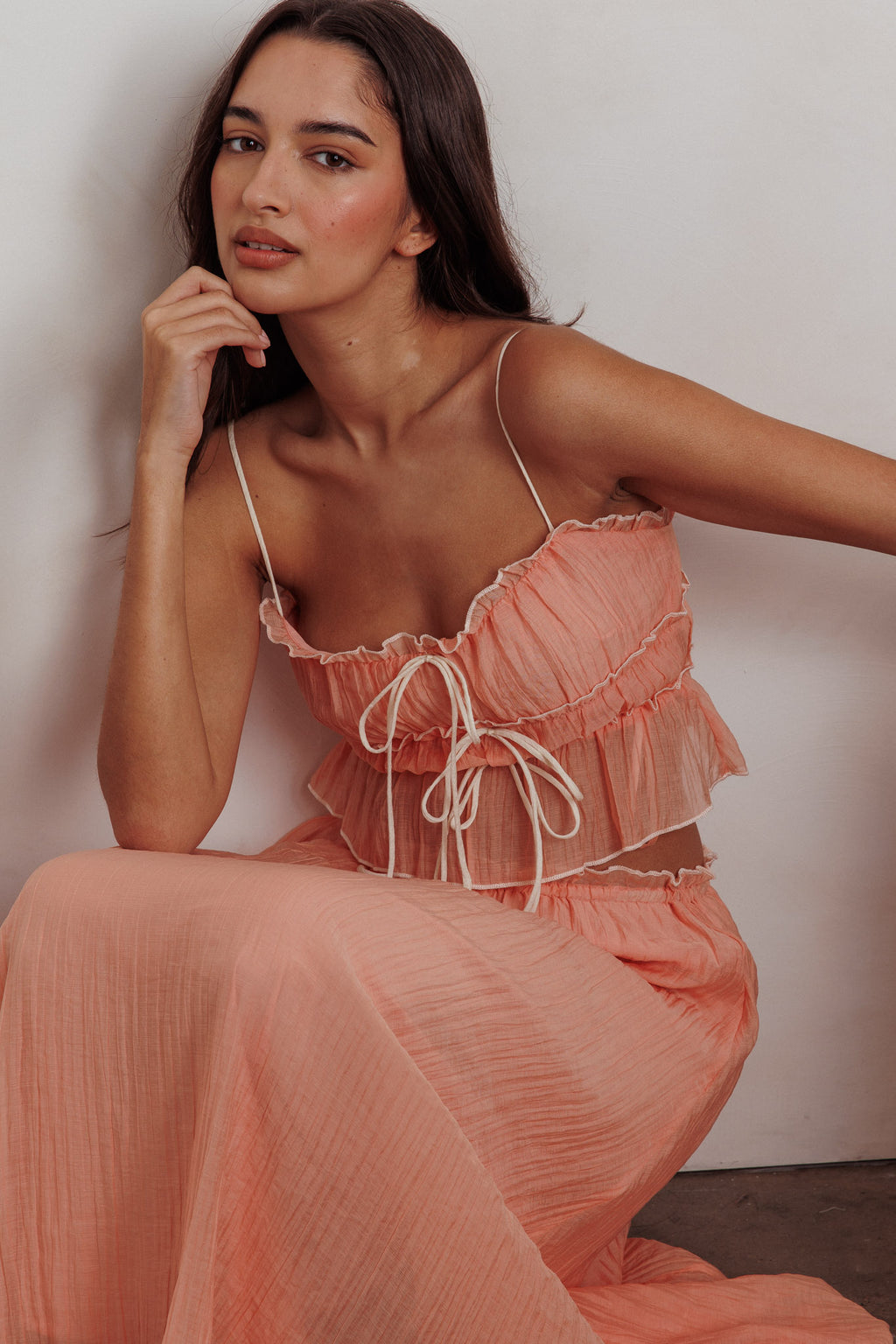 Maidens Tie Detail Overlock Top Apricot by Selfie Leslie Australia