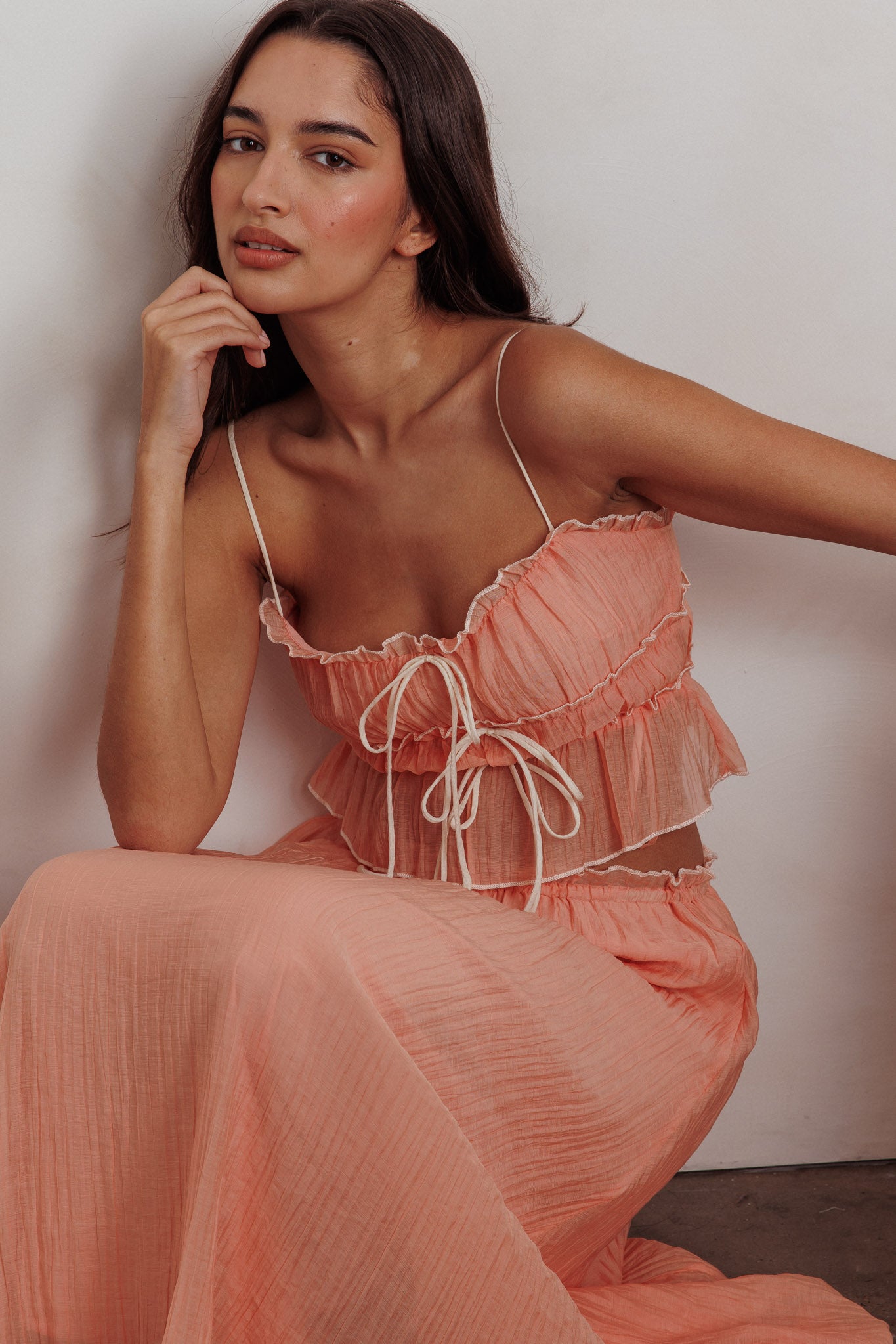 Maidens Tie Detail Overlock Top Apricot by Selfie Leslie Australia