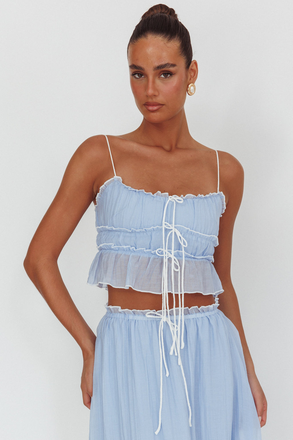 Maidens Tie Detail Overlock Top Cloud Blue by Selfie Leslie Australia