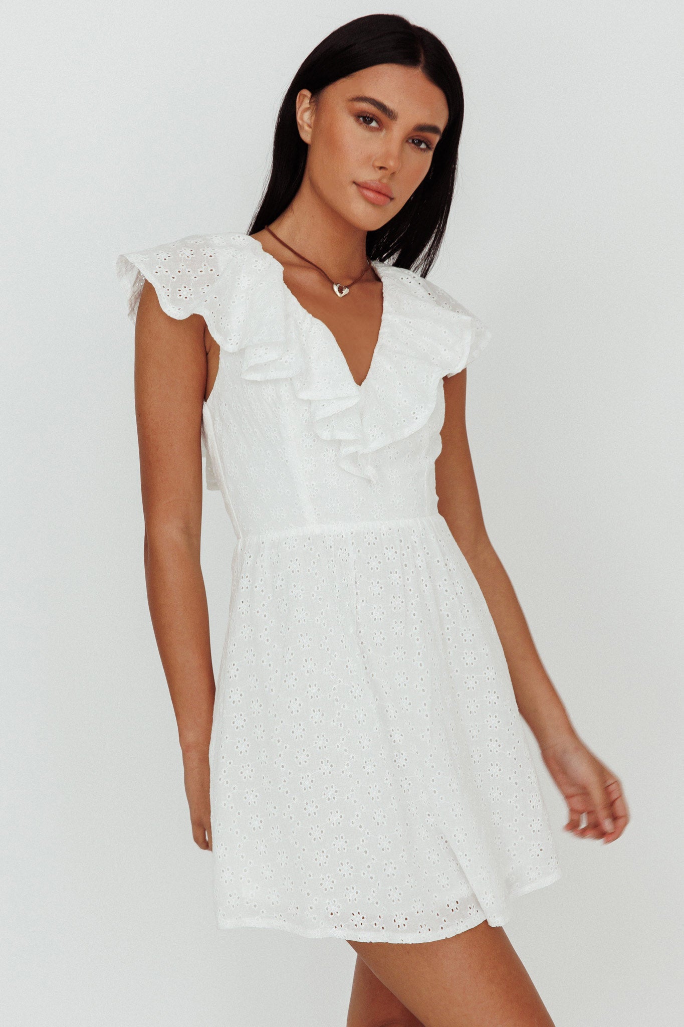 Kiarah Eyelet Ruffle Mini Dress White by Selfie Leslie Australia