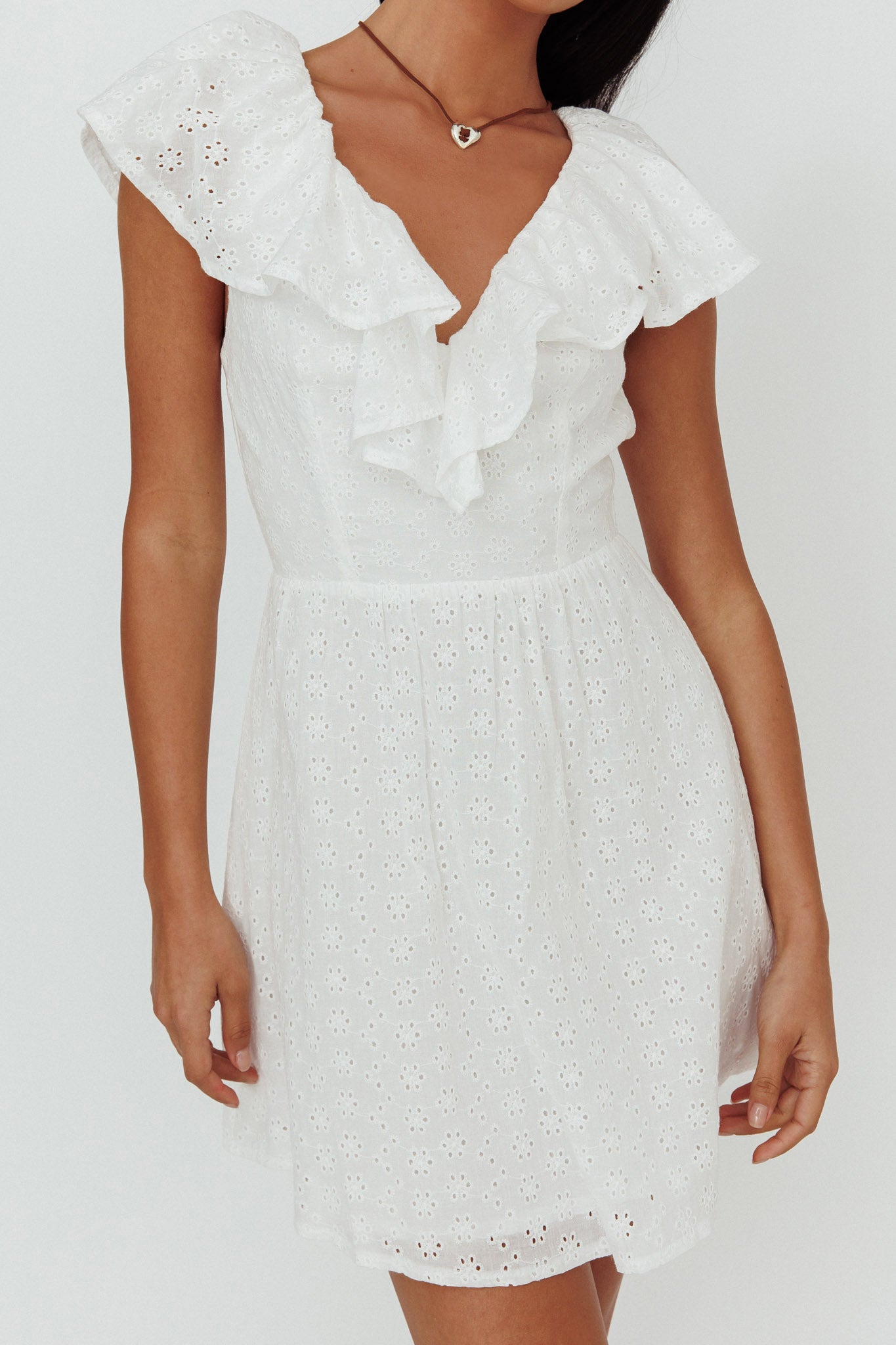 Kiarah Eyelet Ruffle Mini Dress White by Selfie Leslie Australia