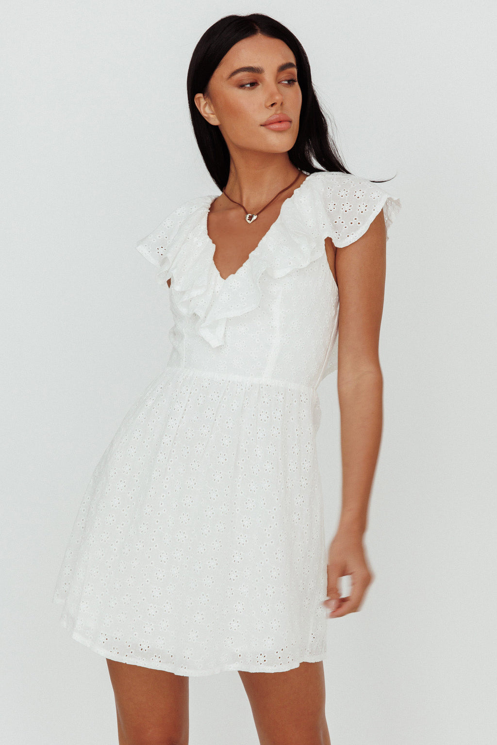 Kiarah Eyelet Ruffle Mini Dress White by Selfie Leslie Australia