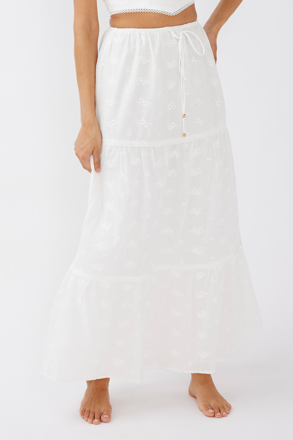 Gracelyn Drawstring Embroidery Maxi Skirt White by Selfie Leslie Australia