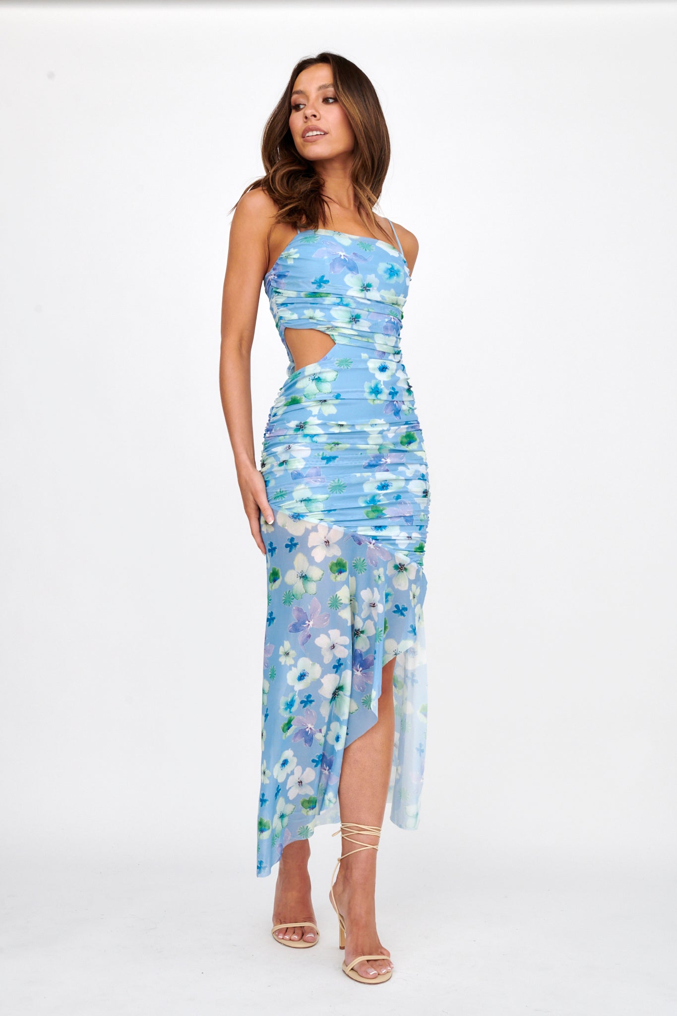 Kindred Soul Ruched Mesh Midi Dress Floral Blue by Selfie Leslie Australia