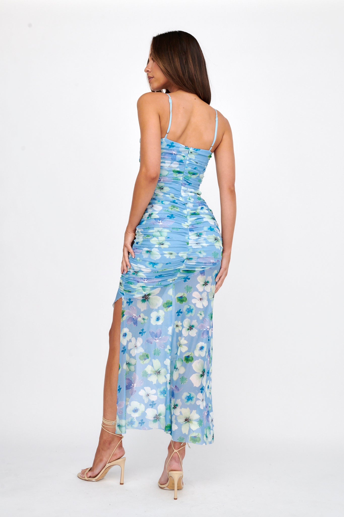 Kindred Soul Ruched Mesh Midi Dress Floral Blue by Selfie Leslie Australia