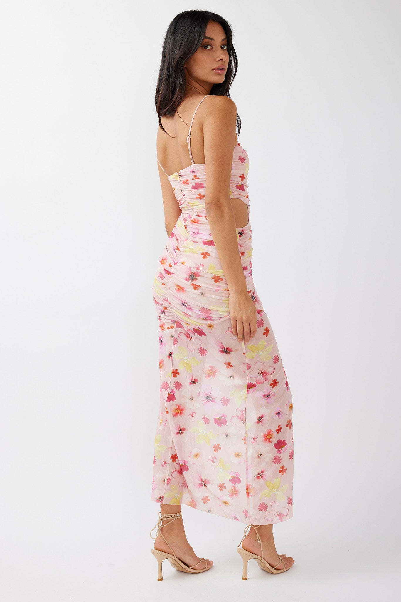 Kindred Soul Ruched Mesh Midi Dress Floral Pink by Selfie Leslie Australia