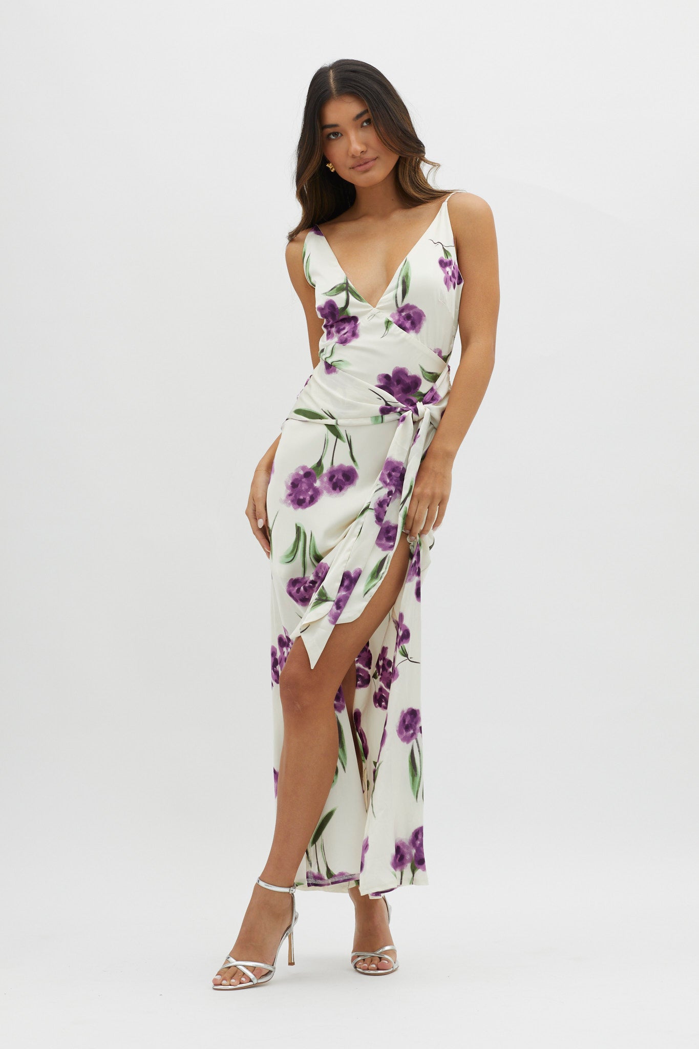 Corinna Tied Waist Split Dress Floral Purple by Selfie Leslie Australia
