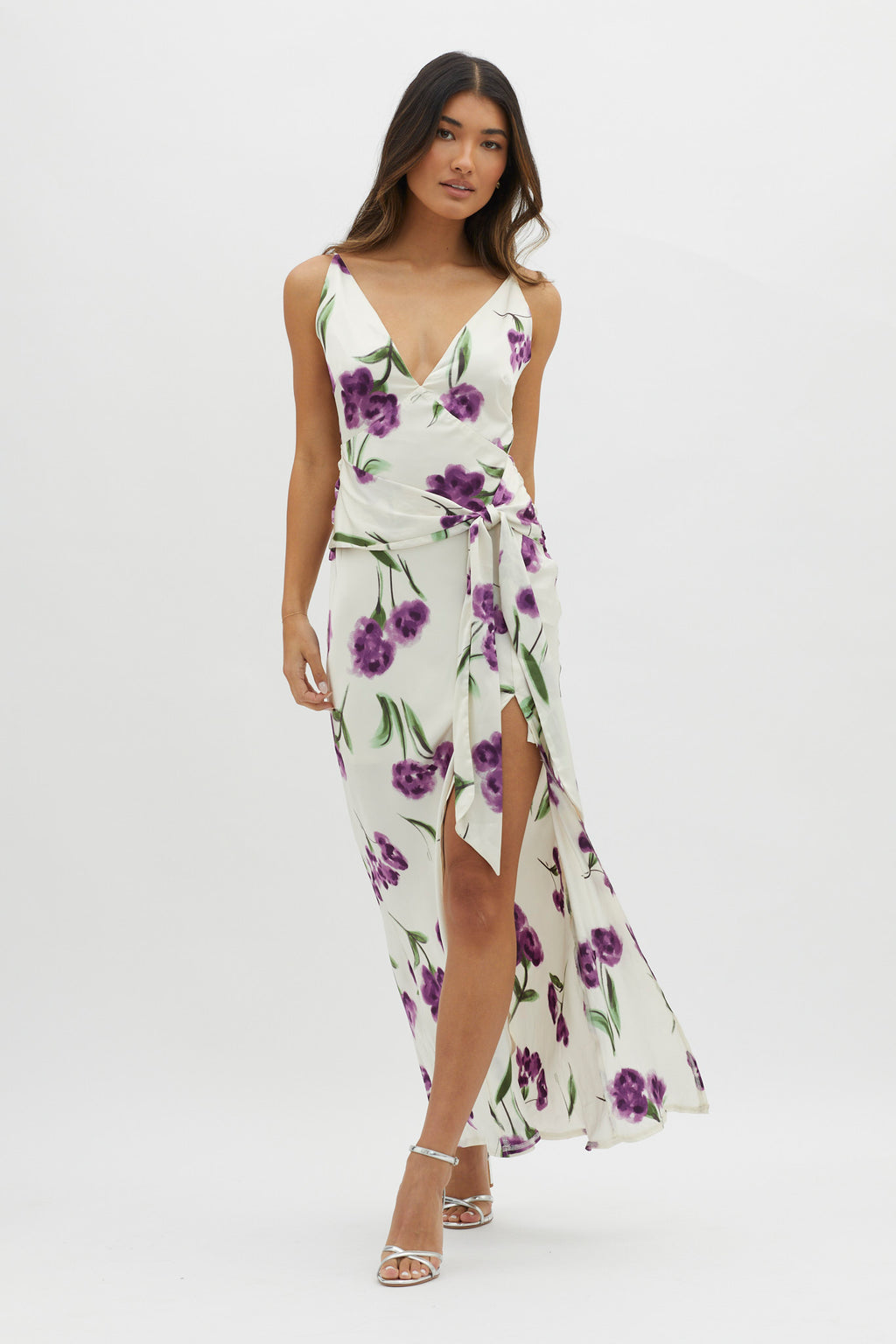 Corinna Tied Waist Split Dress Floral Purple by Selfie Leslie Australia