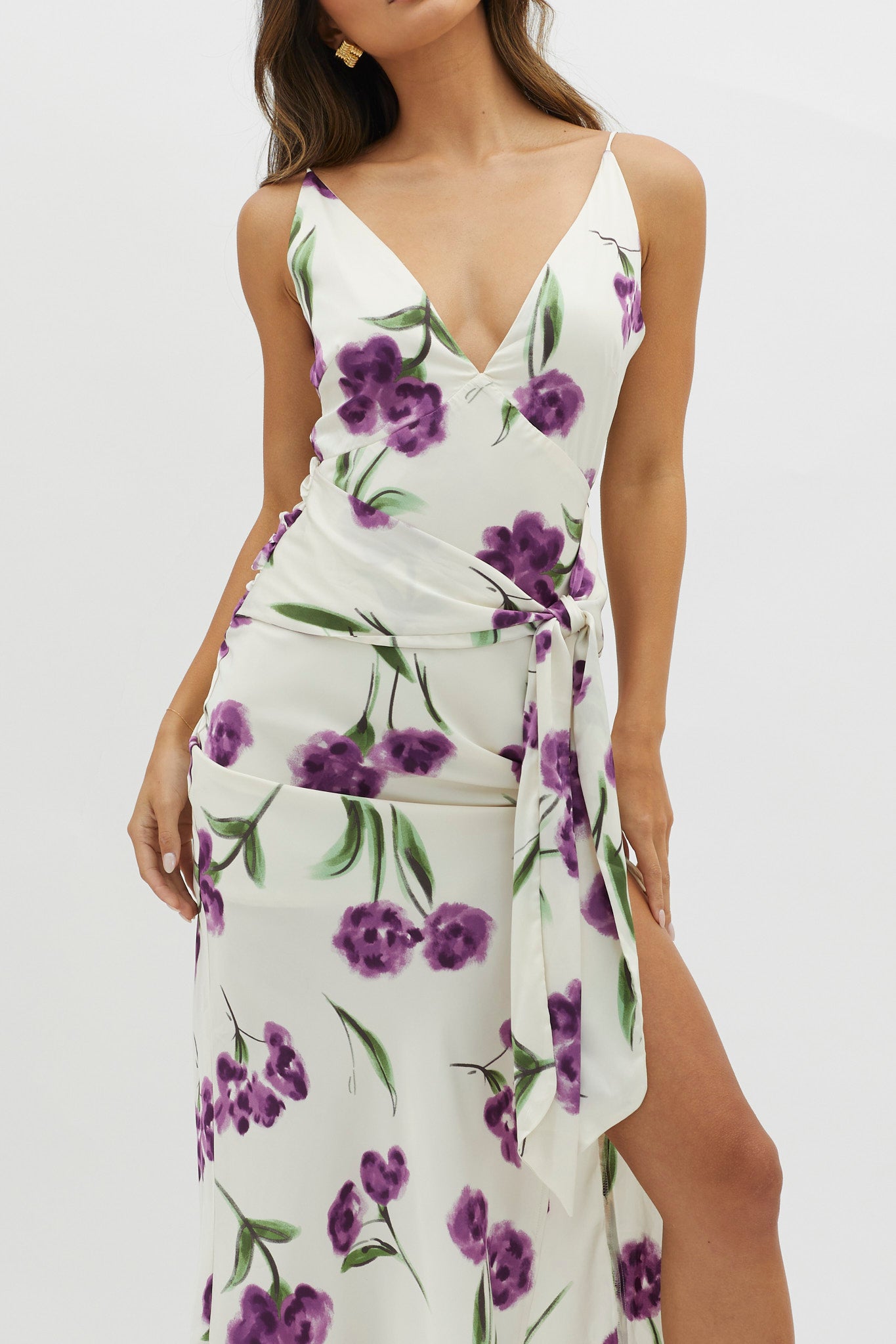 Corinna Tied Waist Split Dress Floral Purple by Selfie Leslie Australia