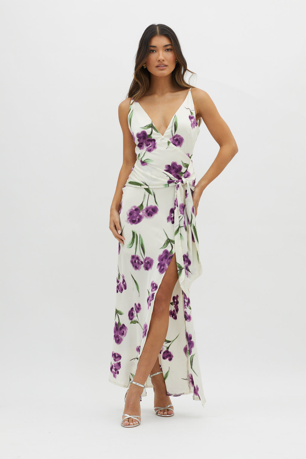 Corinna Tied Waist Split Dress Floral Purple by Selfie Leslie Australia