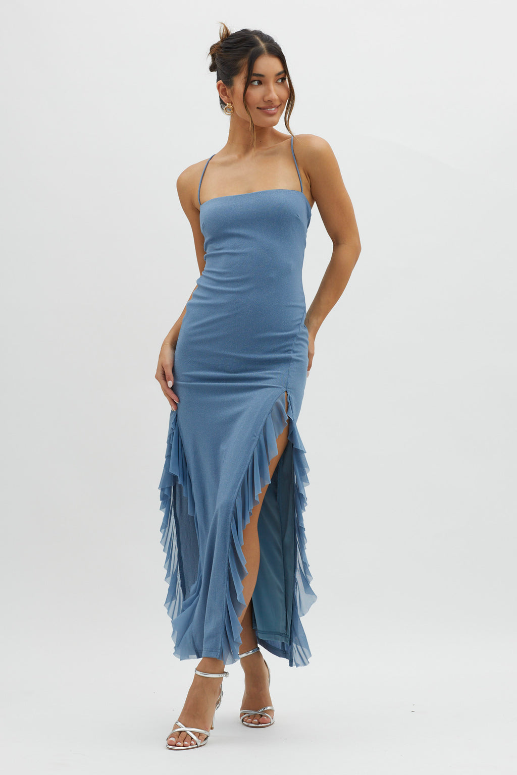 Rosilyn Split Ruffle Midi Dress Blue by Selfie Leslie Australia