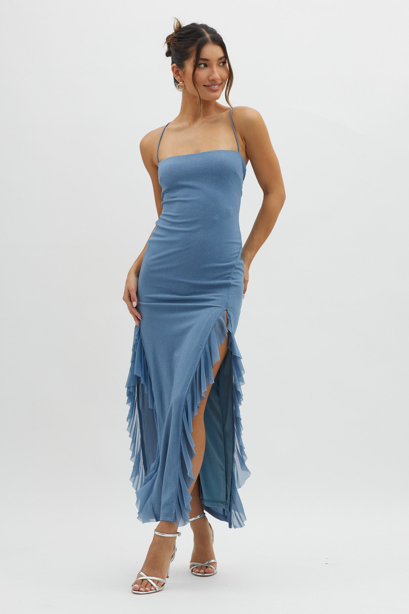 Rosilyn Split Ruffle Midi Dress Blue by Selfie Leslie Australia
