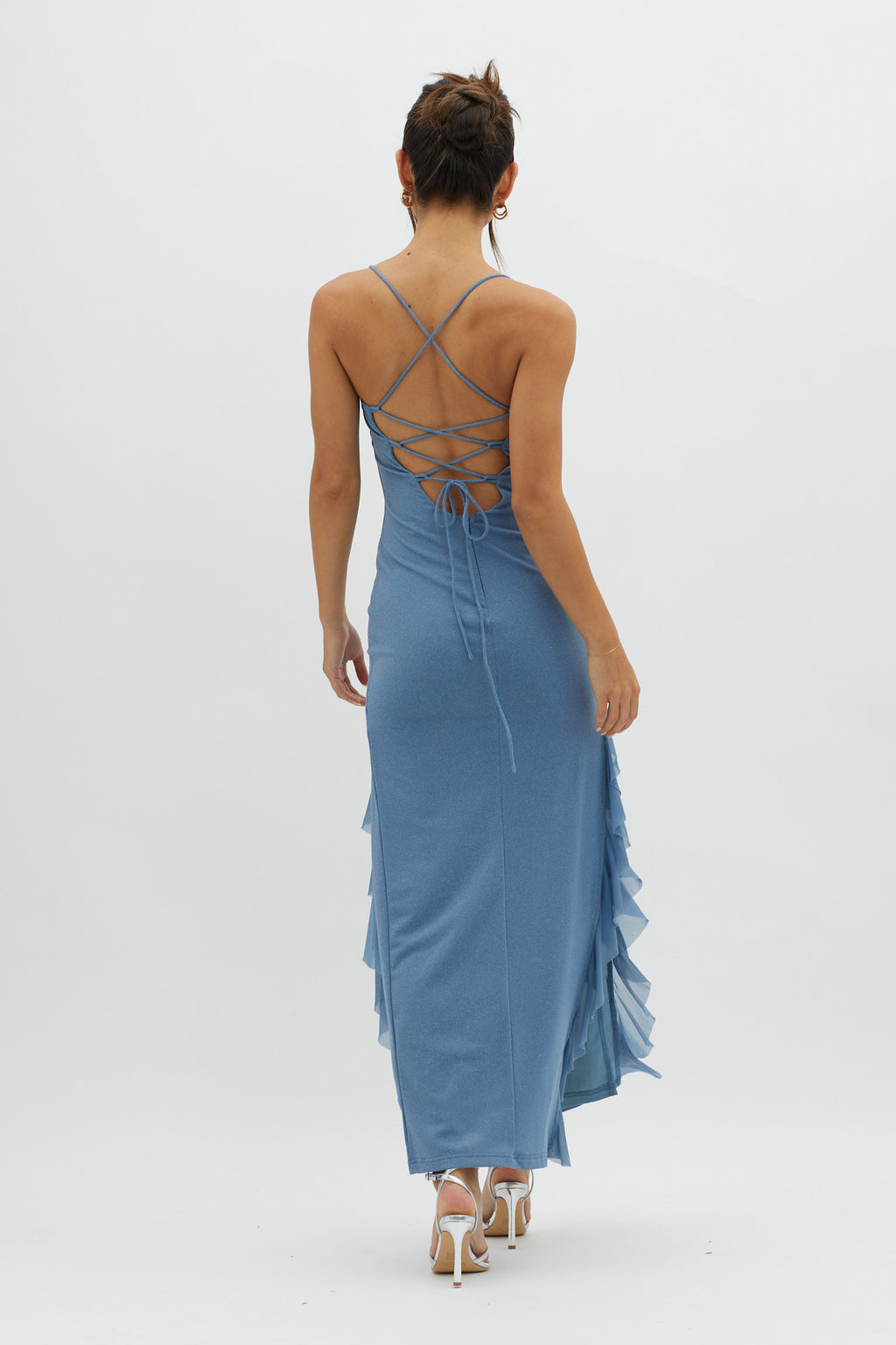 Rosilyn Split Ruffle Midi Dress Blue by Selfie Leslie Australia