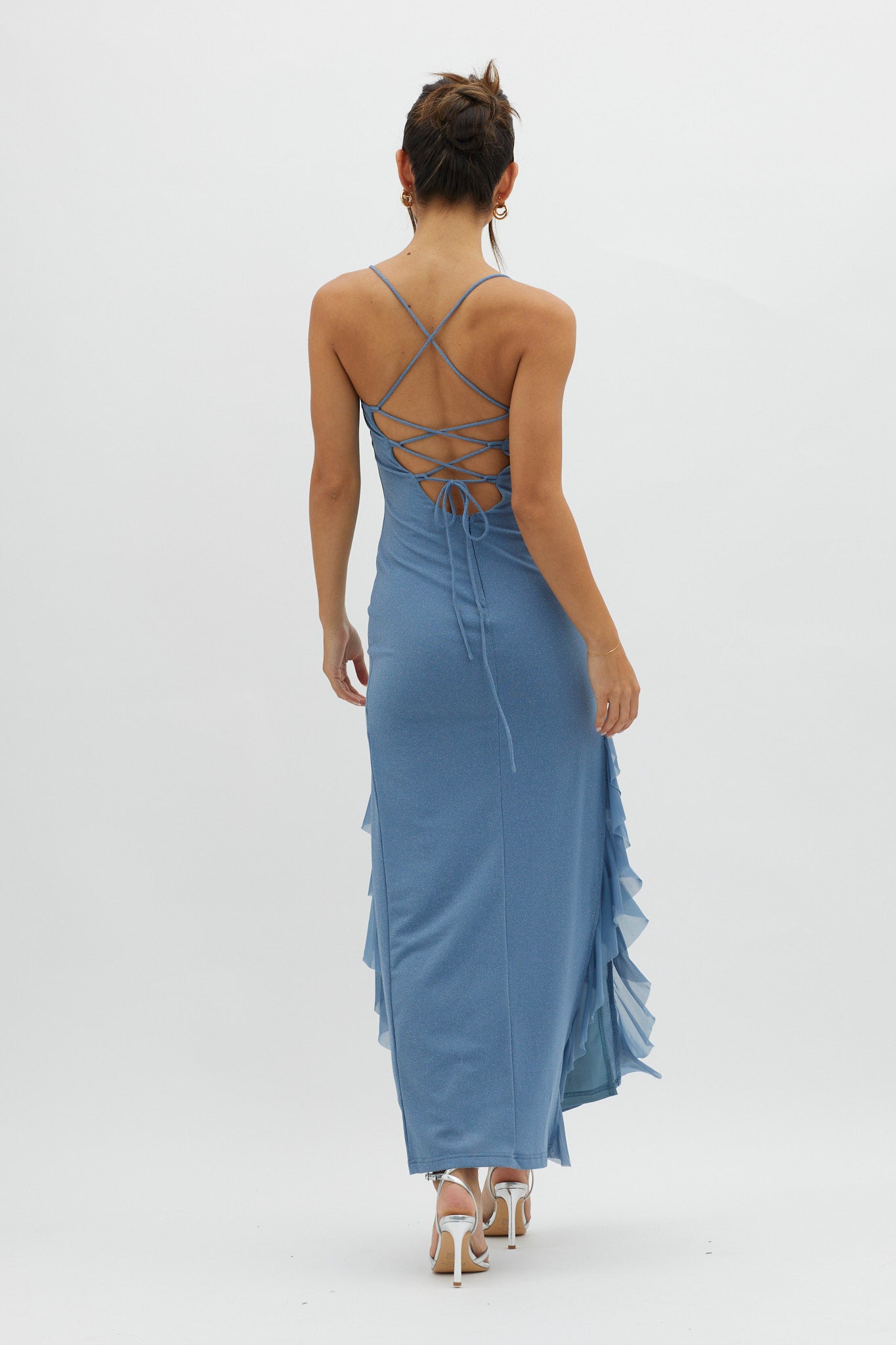 Rosilyn Split Ruffle Midi Dress Blue by Selfie Leslie Australia