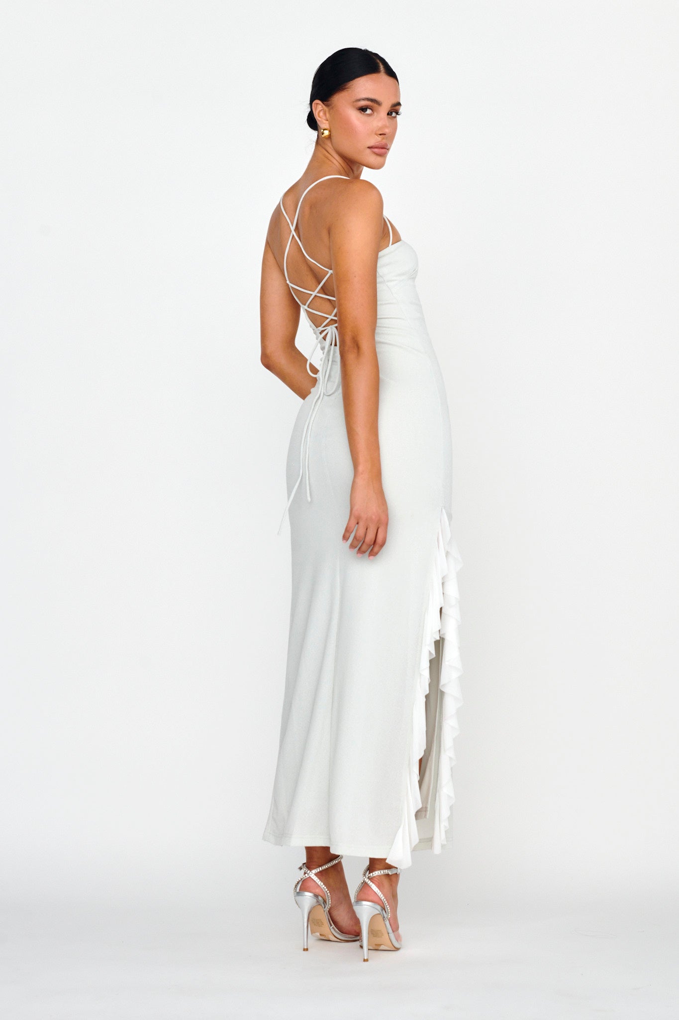 Rosilyn Split Ruffle Midi Dress Silver by Selfie Leslie Australia